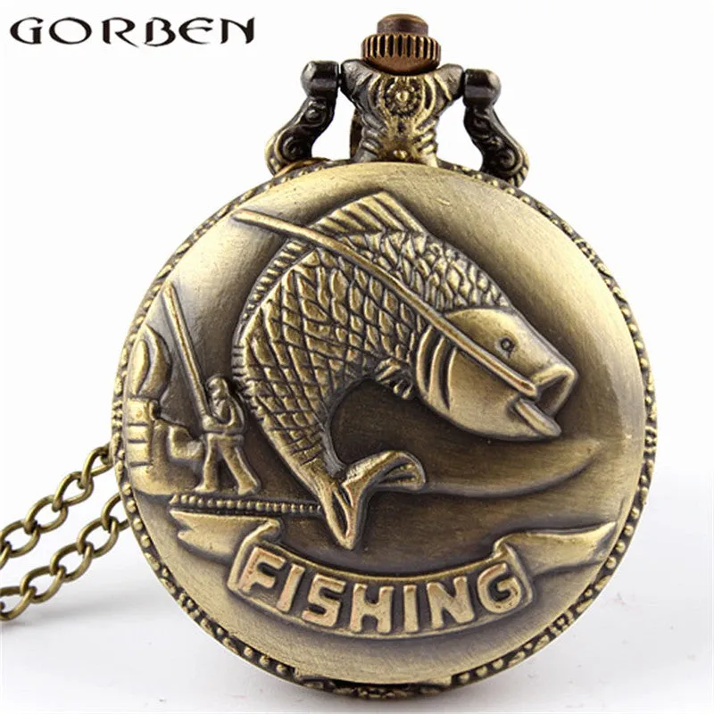 Bronze Fishing Antique Style Quartz Pocket Watch Vintage Interesting Design Angling Quartz Pocket Watch for Men and Women P108
