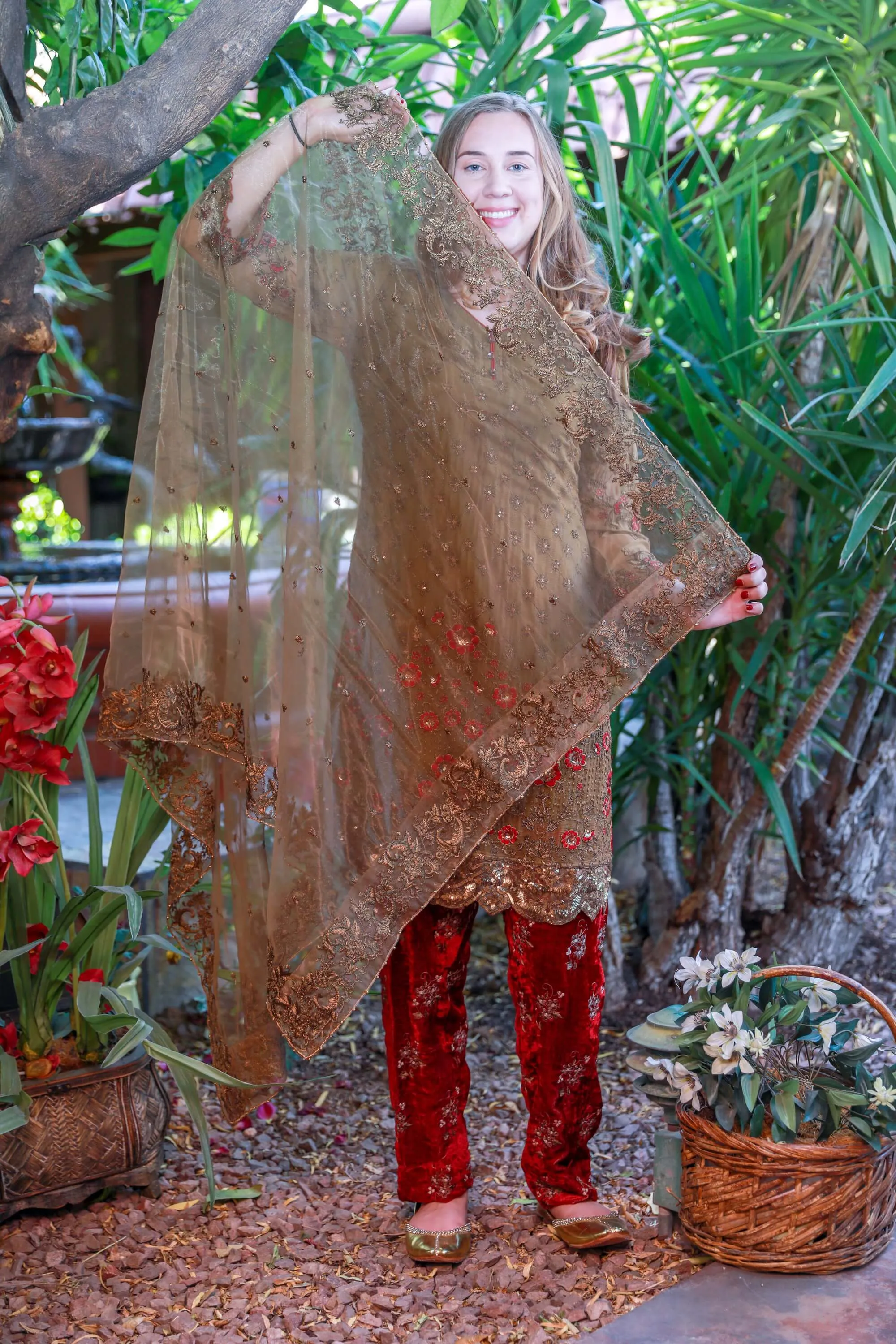 Brown Chiffon and Velvet Suit by Maria B