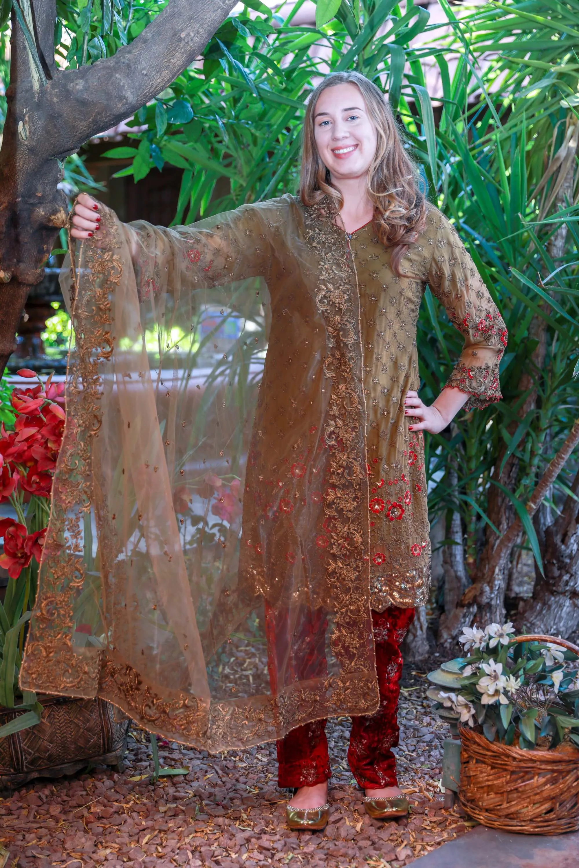 Brown Chiffon and Velvet Suit by Maria B