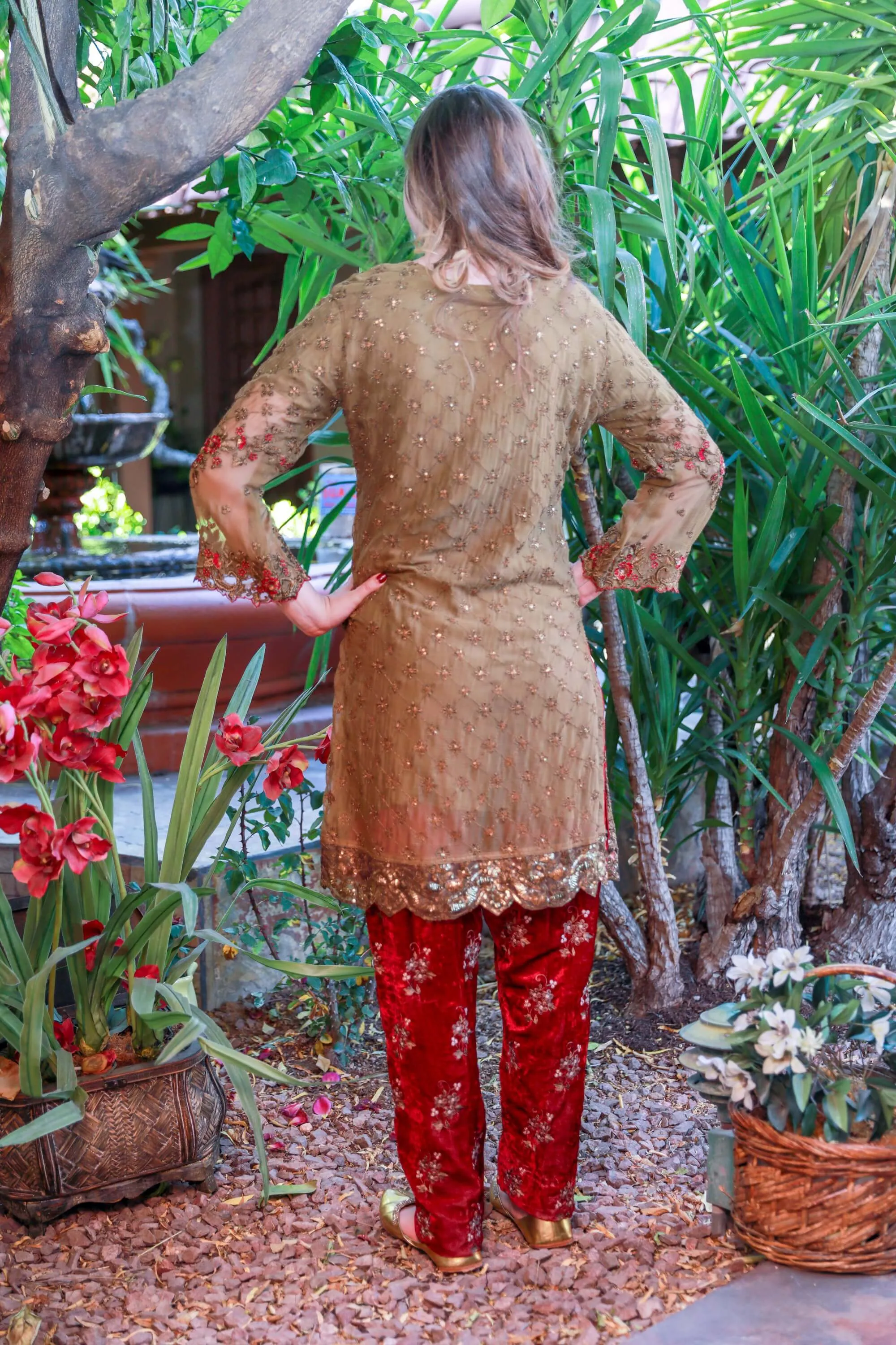 Brown Chiffon and Velvet Suit by Maria B