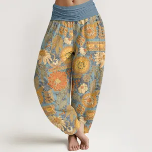 Buddha Stones Sunflowers Round Floral Design Women's Elastic Waist Harem Pants