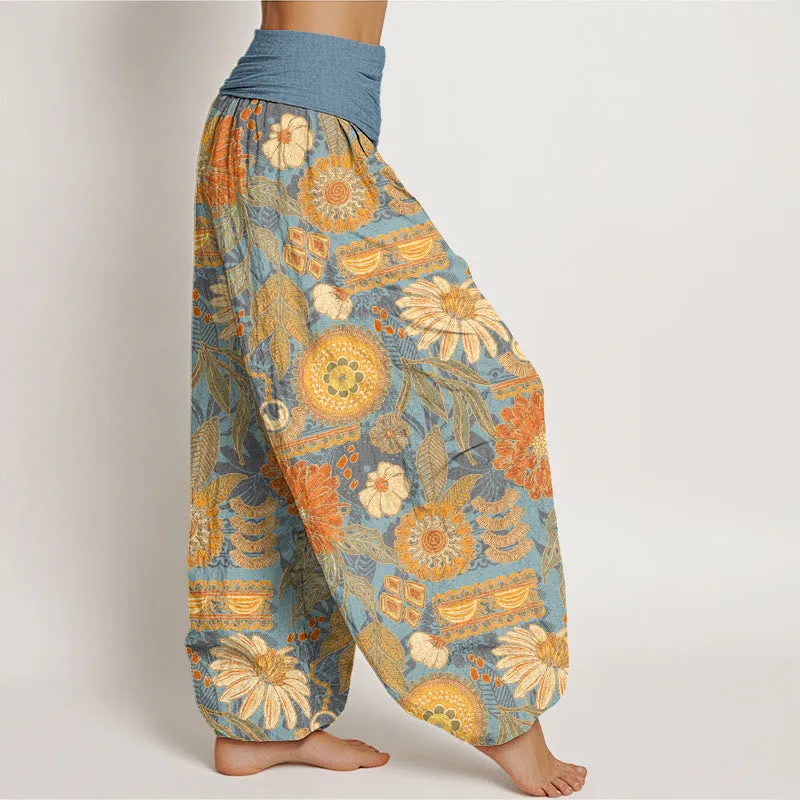 Buddha Stones Sunflowers Round Floral Design Women's Elastic Waist Harem Pants