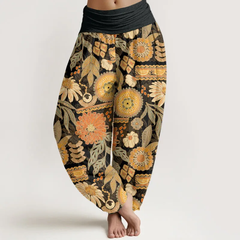 Buddha Stones Sunflowers Round Floral Design Women's Elastic Waist Harem Pants