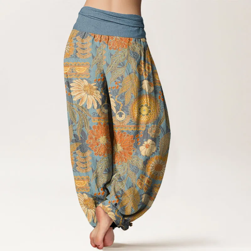 Buddha Stones Sunflowers Round Floral Design Women's Elastic Waist Harem Pants