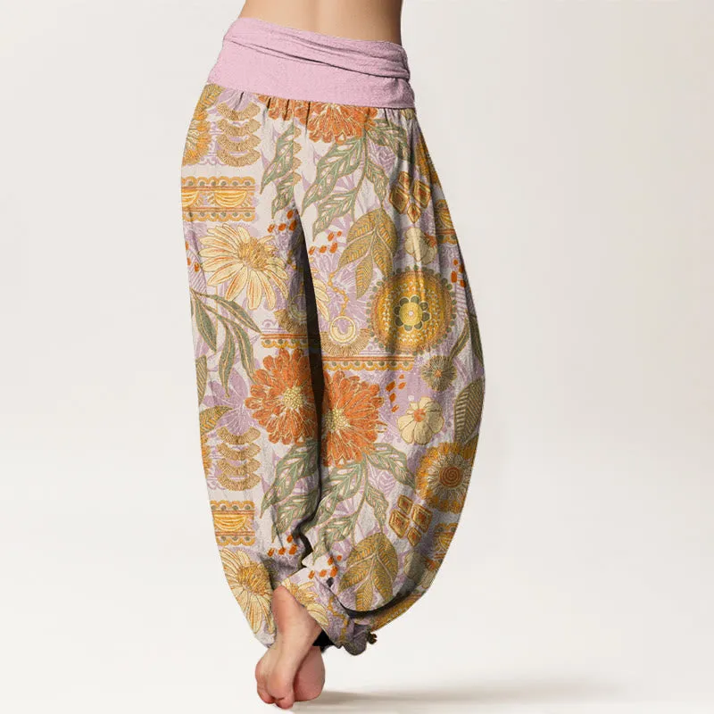 Buddha Stones Sunflowers Round Floral Design Women's Elastic Waist Harem Pants