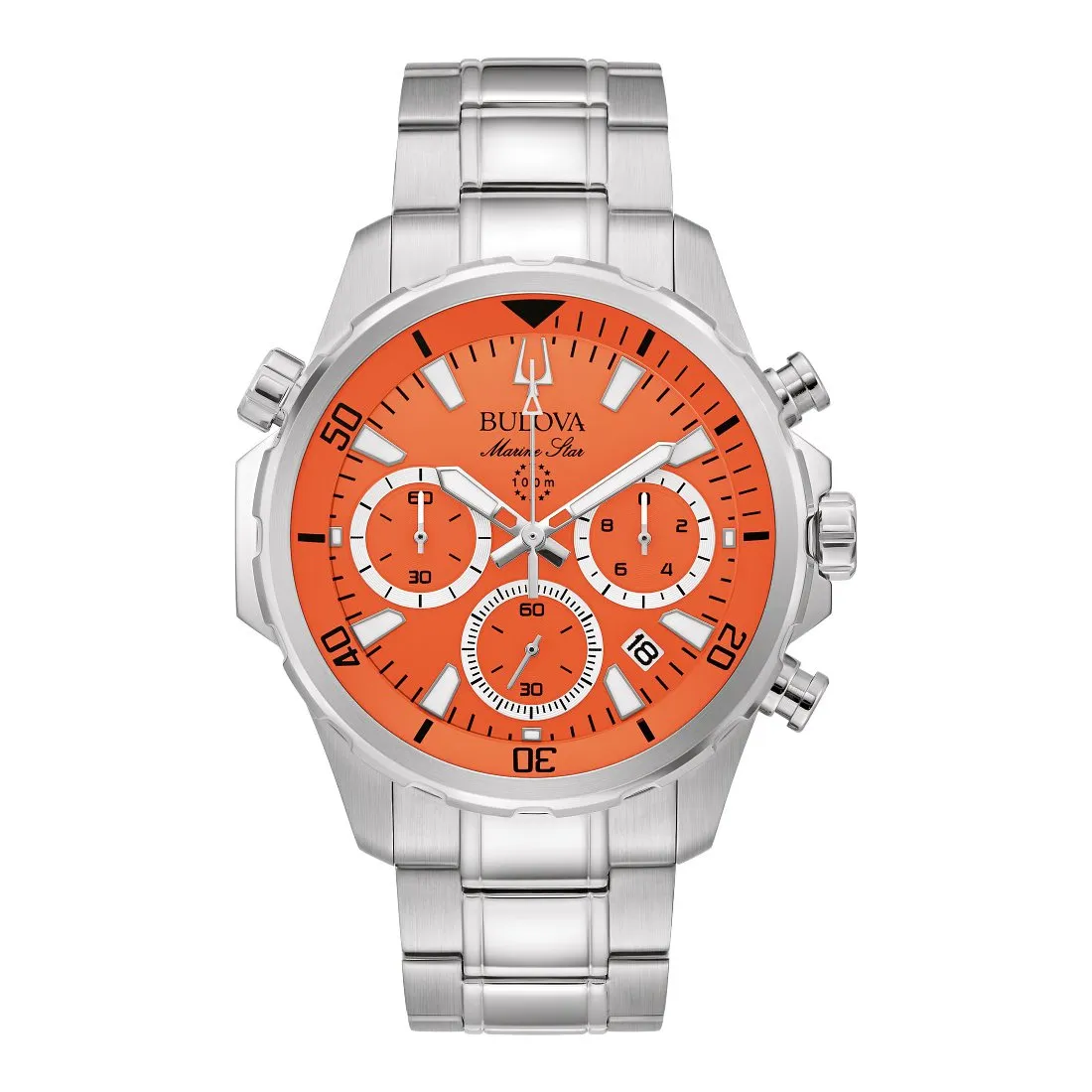 Bulova Marine Star Mens Chronograph Stainless Steel Orange Dial Watch