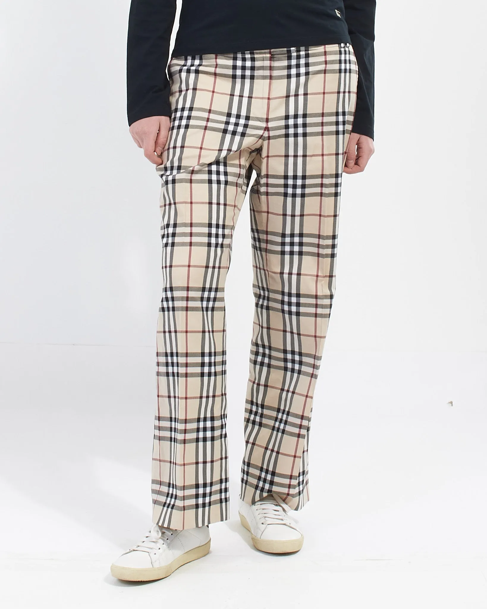 Burberry Beige Cotton Check Print Trouser Pants - US 10