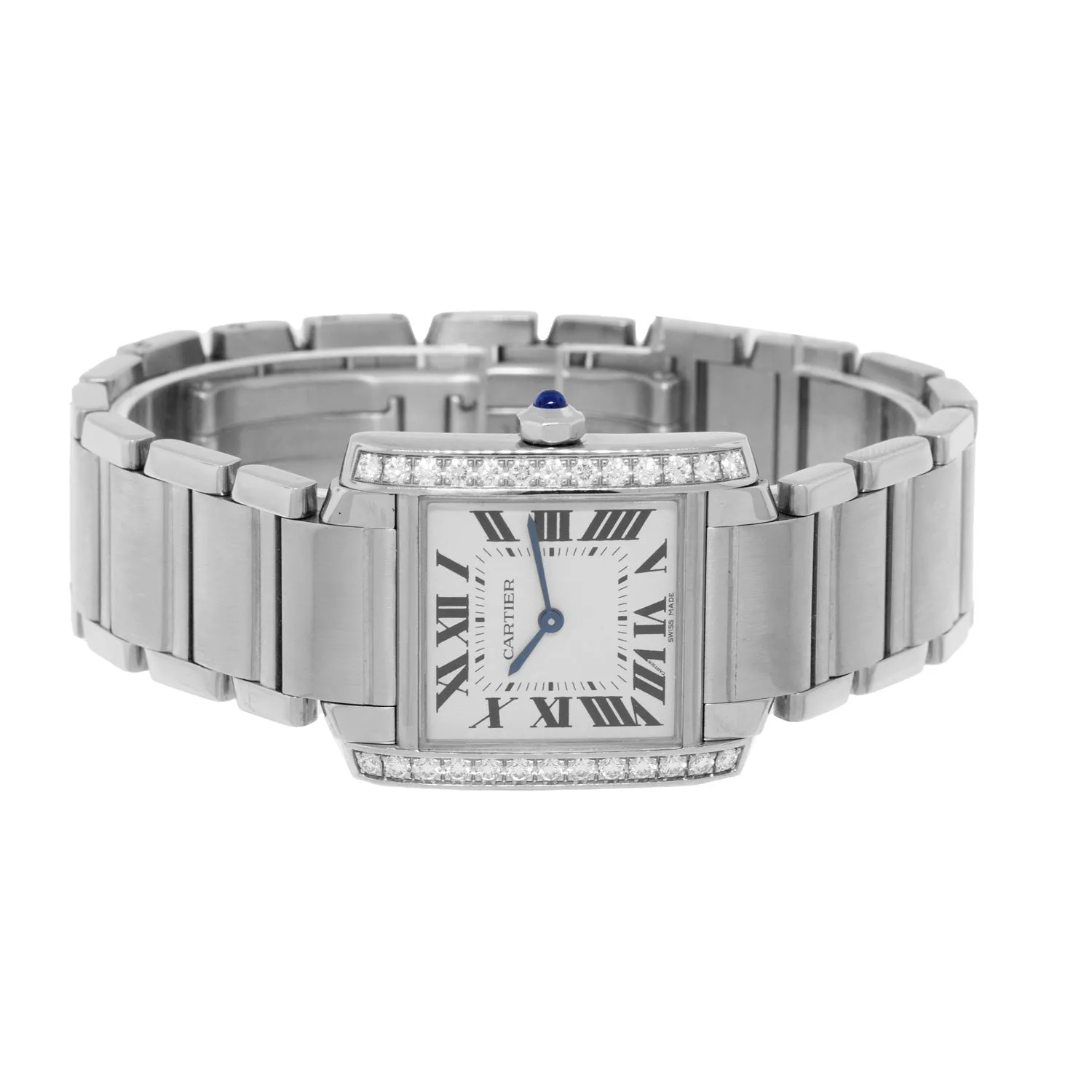 Cartier Tank Francaise 30mm x 25mm Stainless Steel Silver Roman Dial, Diamond Bezel W4TA0009