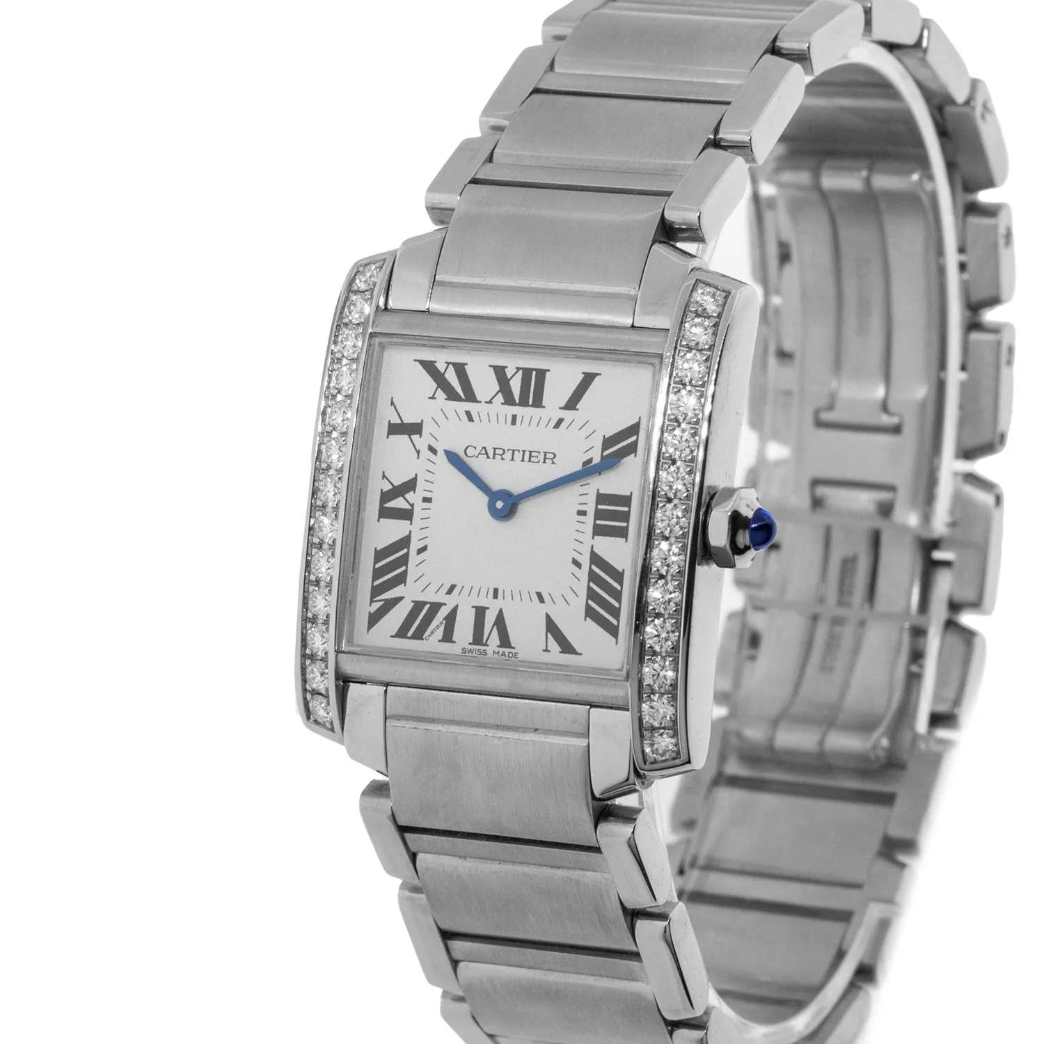Cartier Tank Francaise 30mm x 25mm Stainless Steel Silver Roman Dial, Diamond Bezel W4TA0009