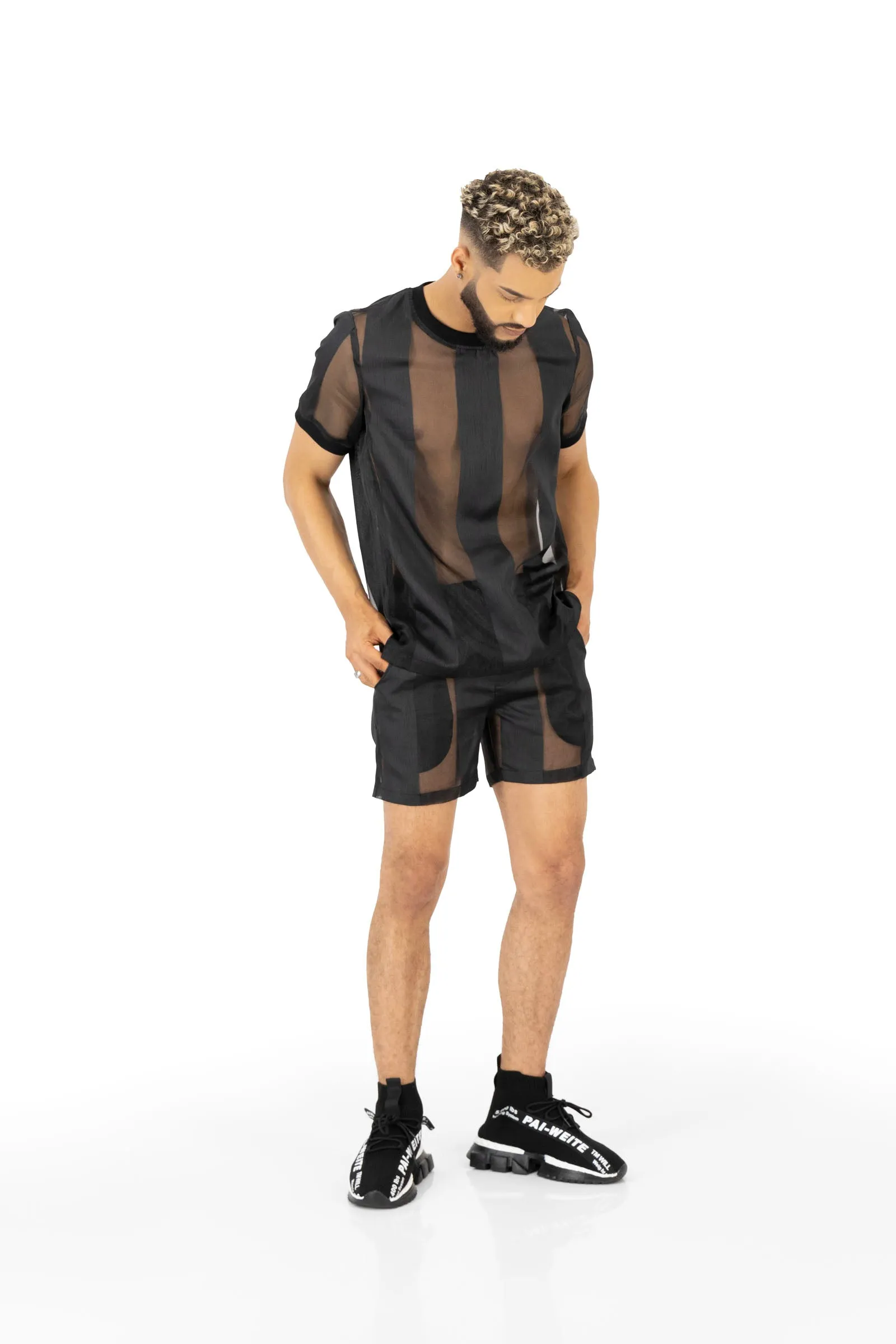 Castaway Striped Organza Drawstring Shorts (BLACK)