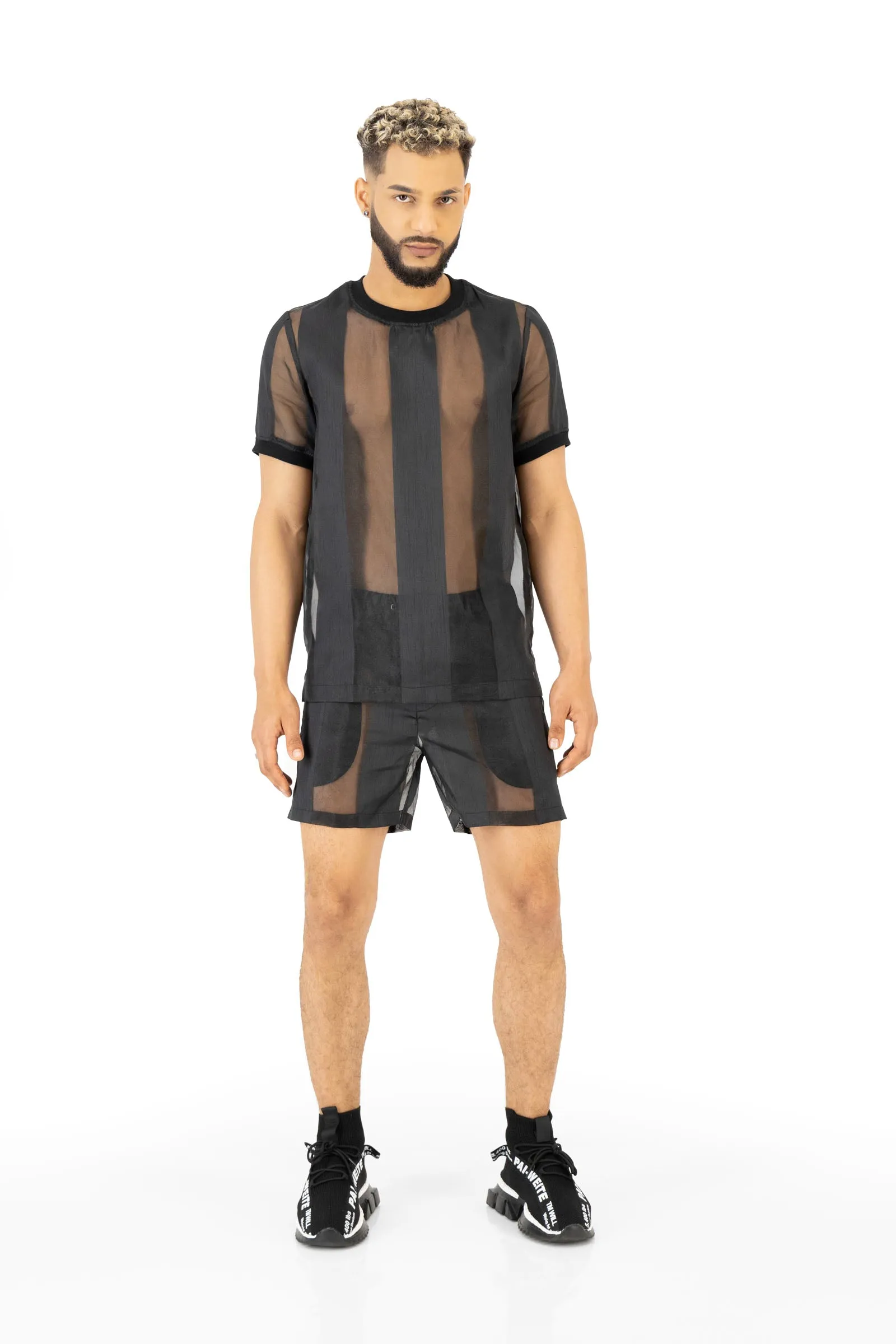 Castaway Striped Organza Drawstring Shorts (BLACK)