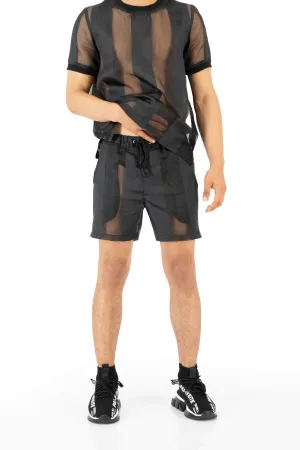 Castaway Striped Organza Drawstring Shorts (BLACK)