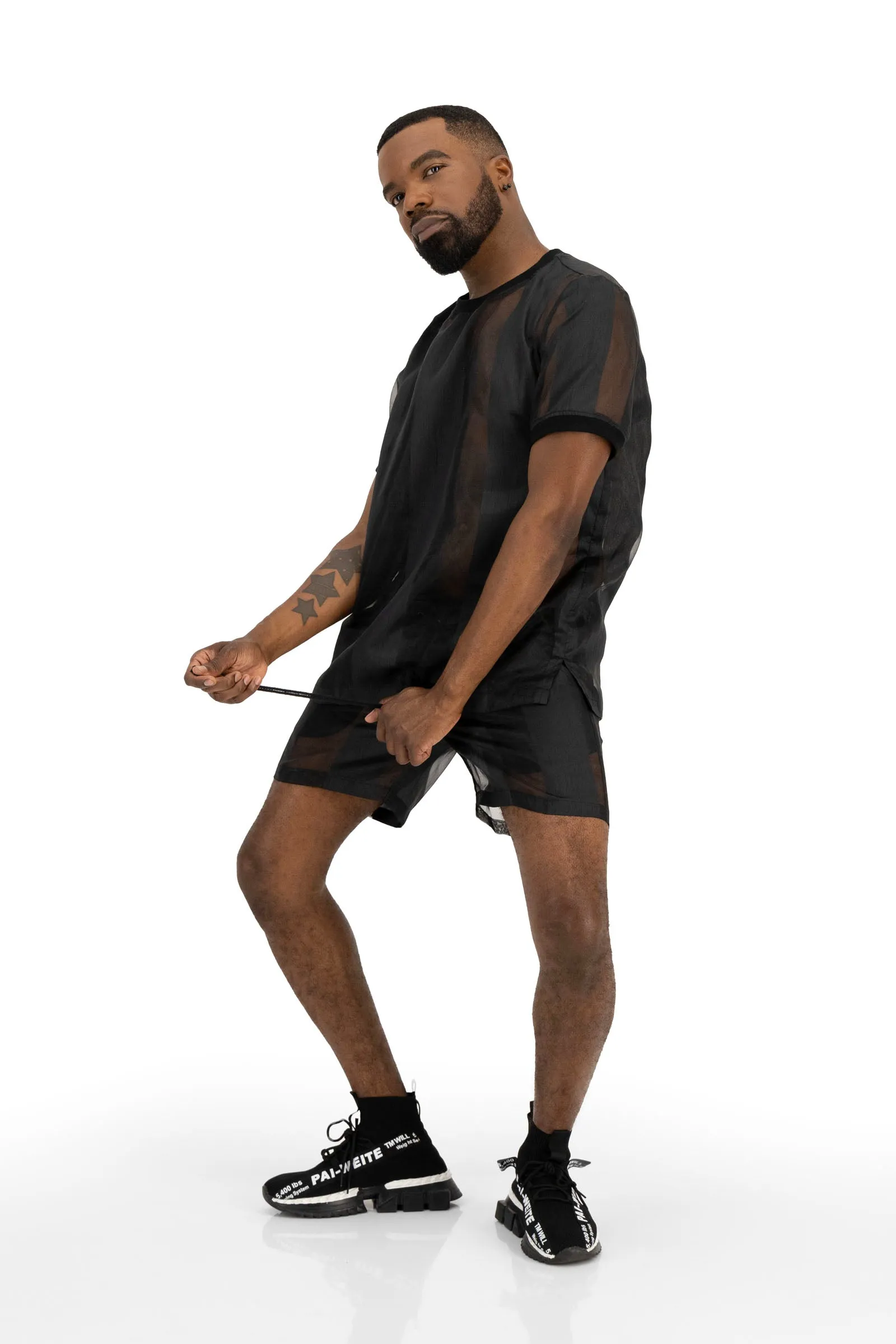 Castaway Striped Organza Drawstring Shorts (BLACK)