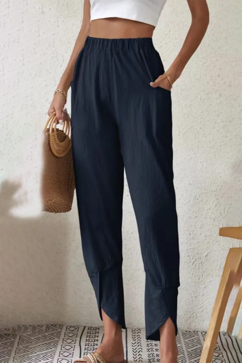 Casual Solid Pocket Loose High Waist Harlan Solid Color Bottoms