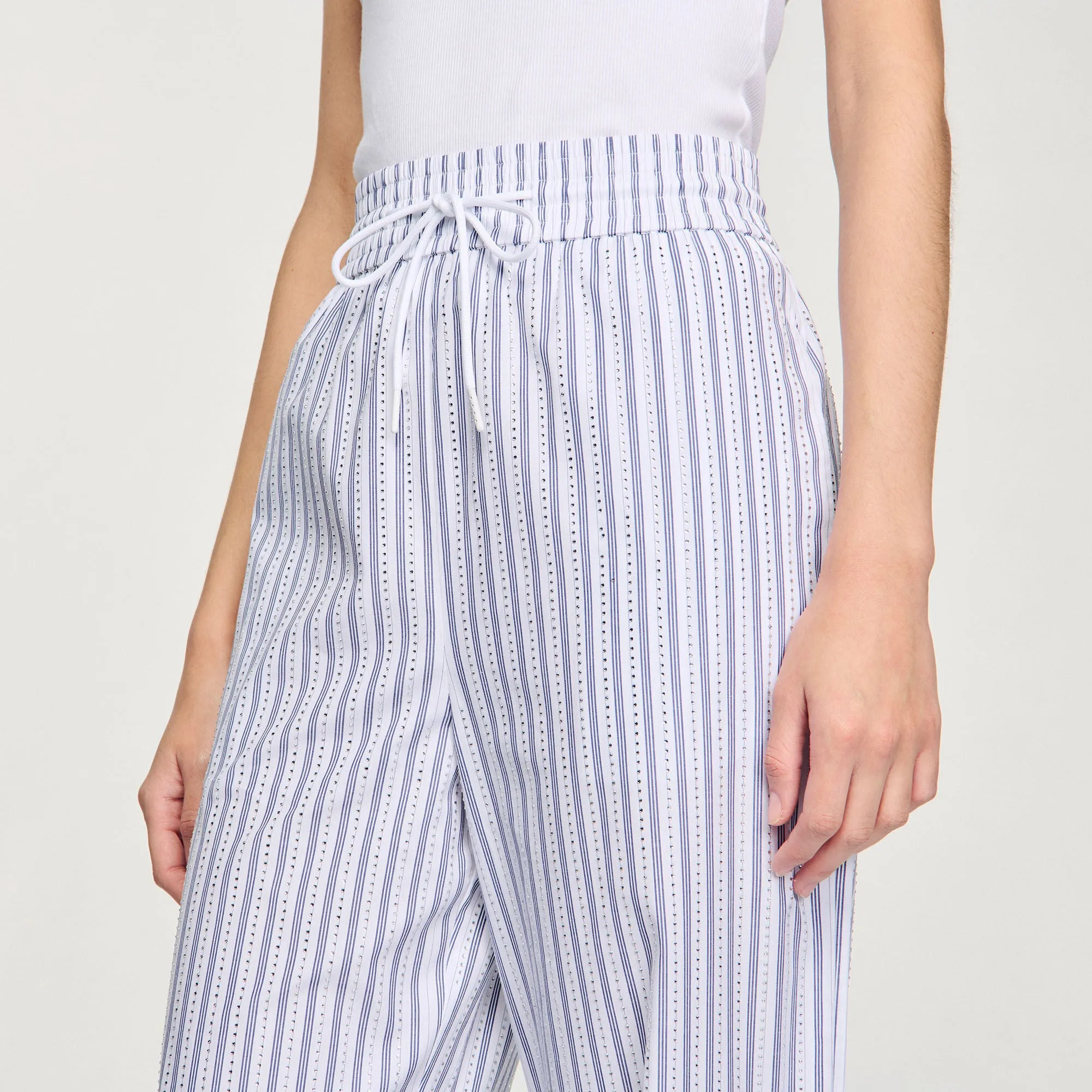 Charles Rhinestone Striped Trousers White