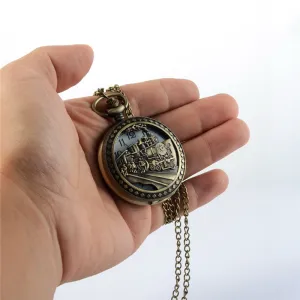 Charming Carved Train Steampunk Pocket Watch Openable Hollow Quartz Watch Classic Men Women Necklace Pendant Chain Gift