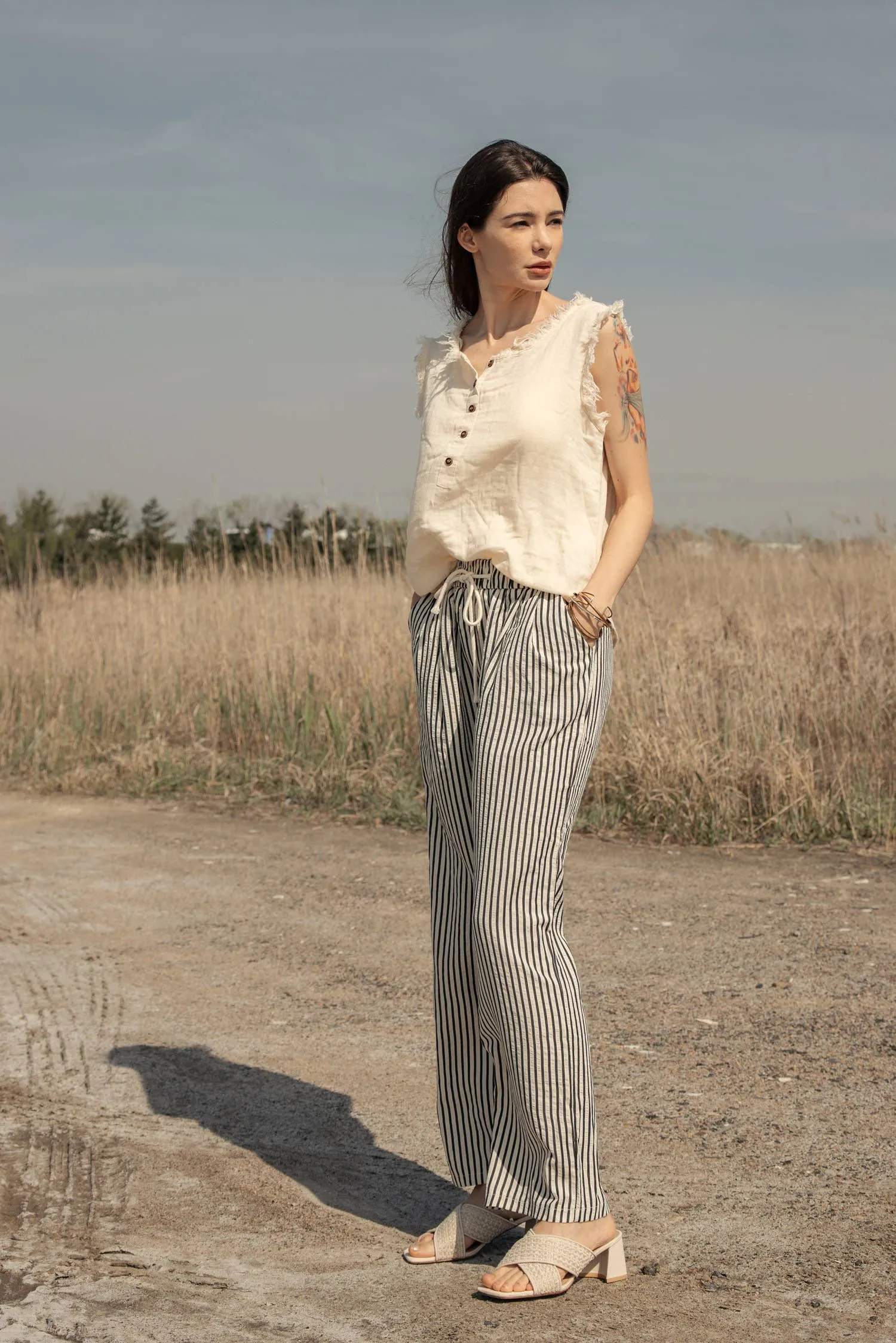Cream Charcoal Elastic Waist Tie Stripe Wide Fit Mello Pants