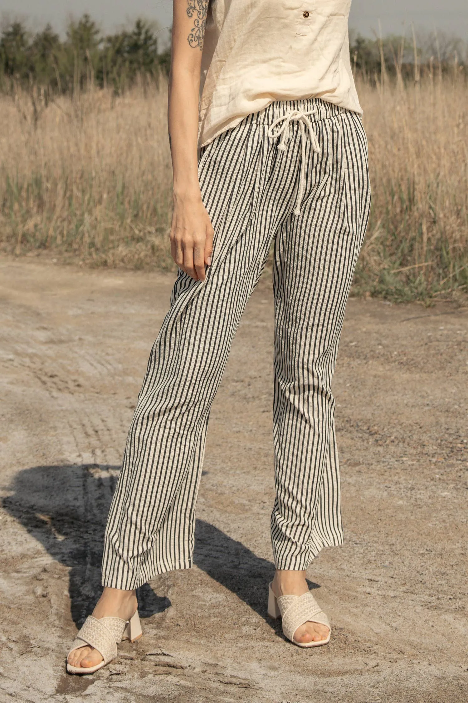 Cream Charcoal Elastic Waist Tie Stripe Wide Fit Mello Pants