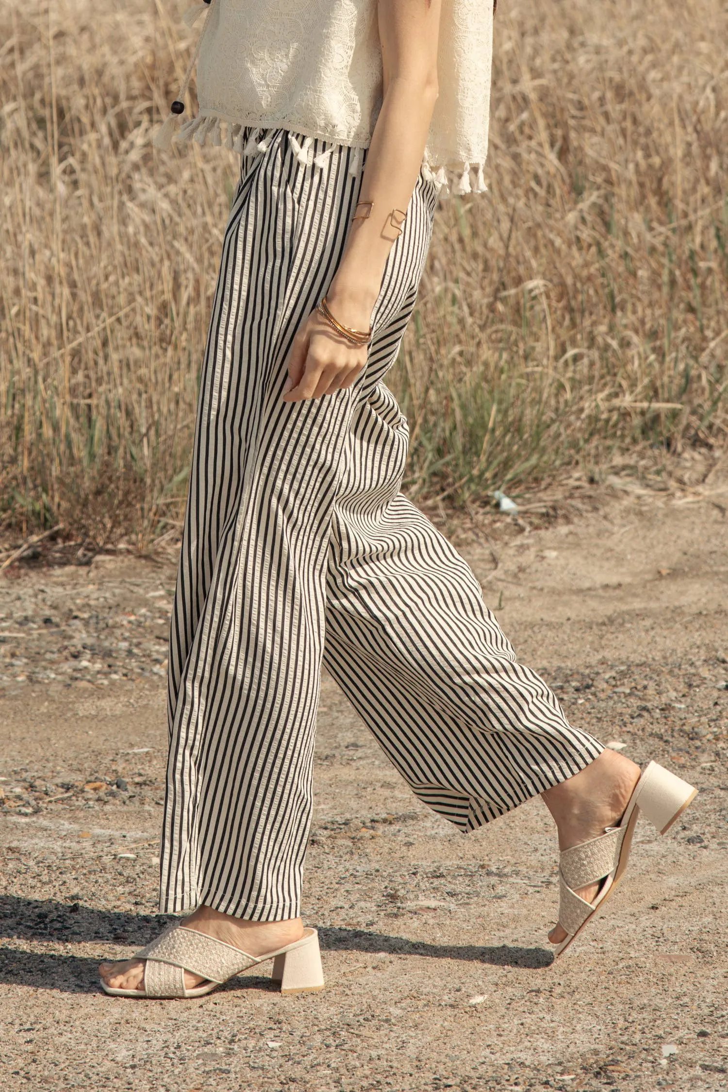 Cream Charcoal Elastic Waist Tie Stripe Wide Fit Mello Pants