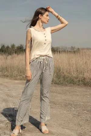Cream Charcoal Elastic Waist Tie Stripe Wide Fit Mello Pants