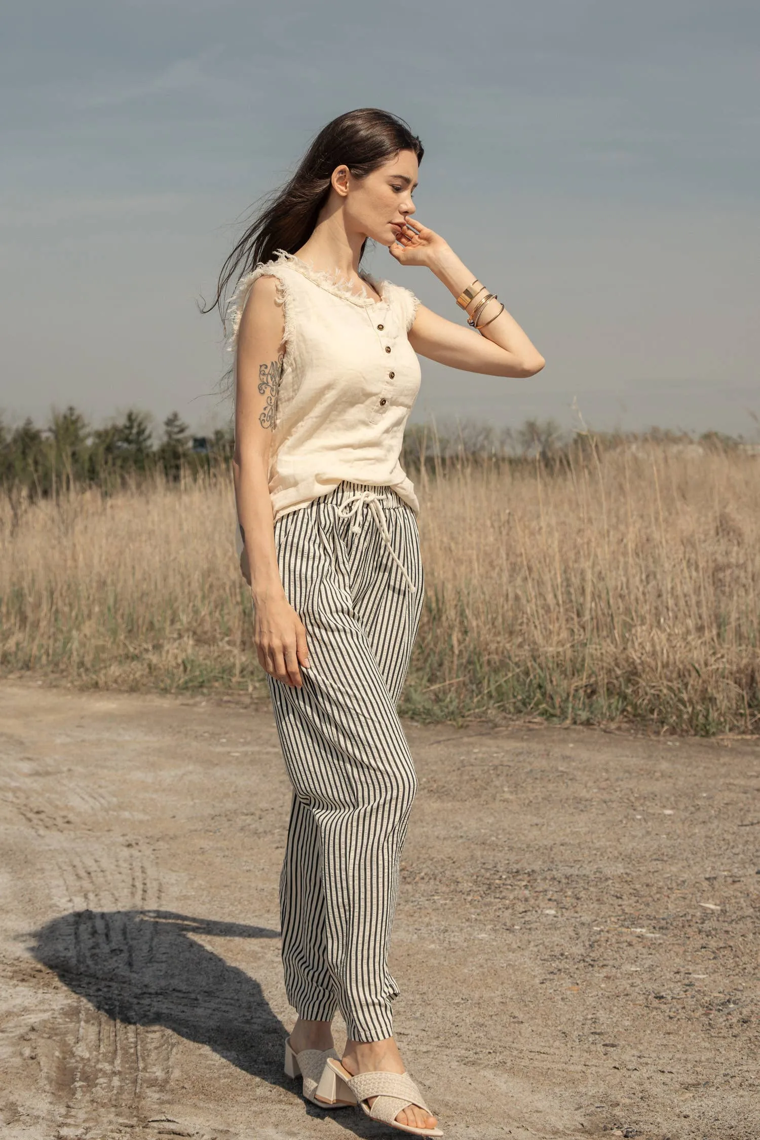 Cream Charcoal Elastic Waist Tie Stripe Wide Fit Mello Pants