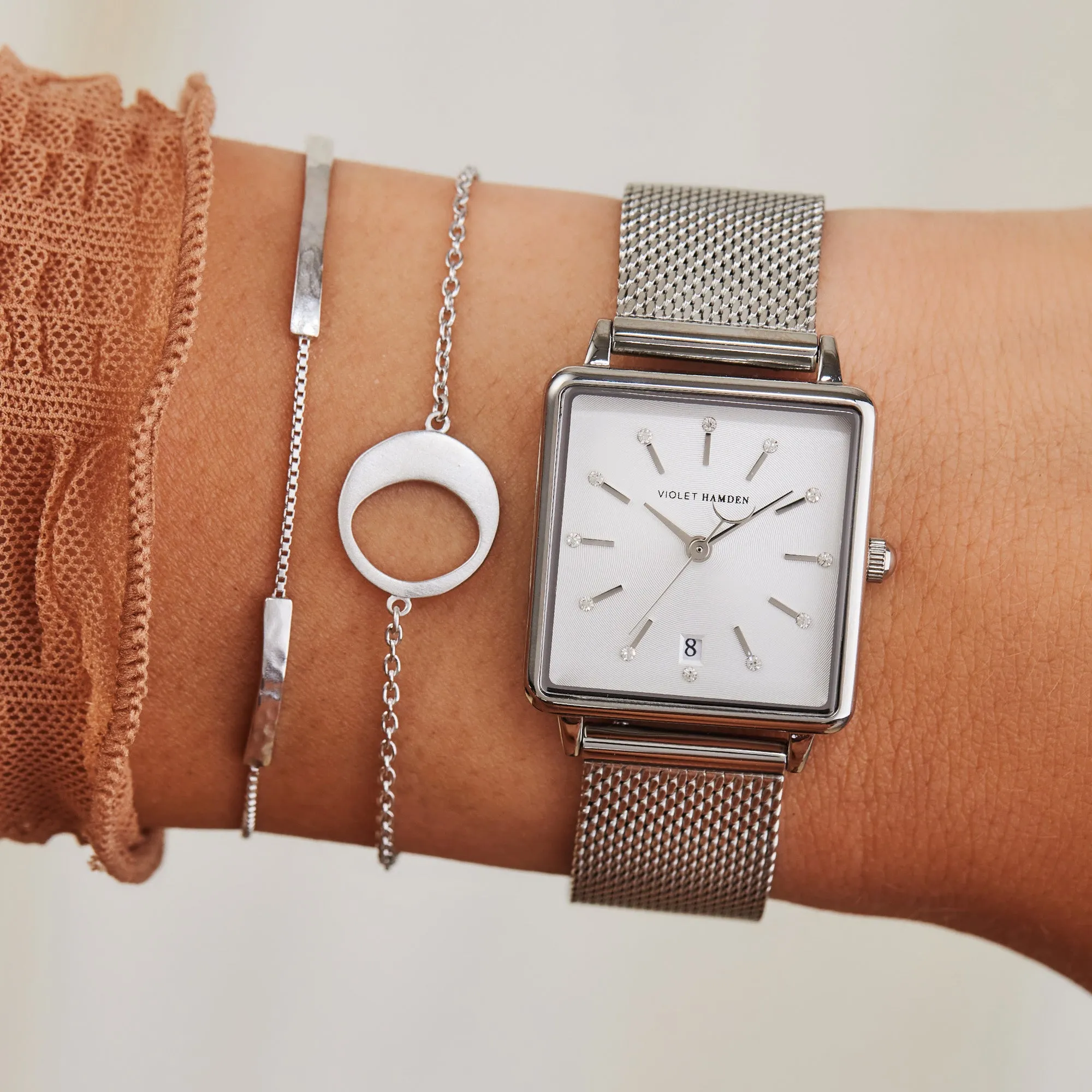 Dawn Base square ladies watch silver coloured and white