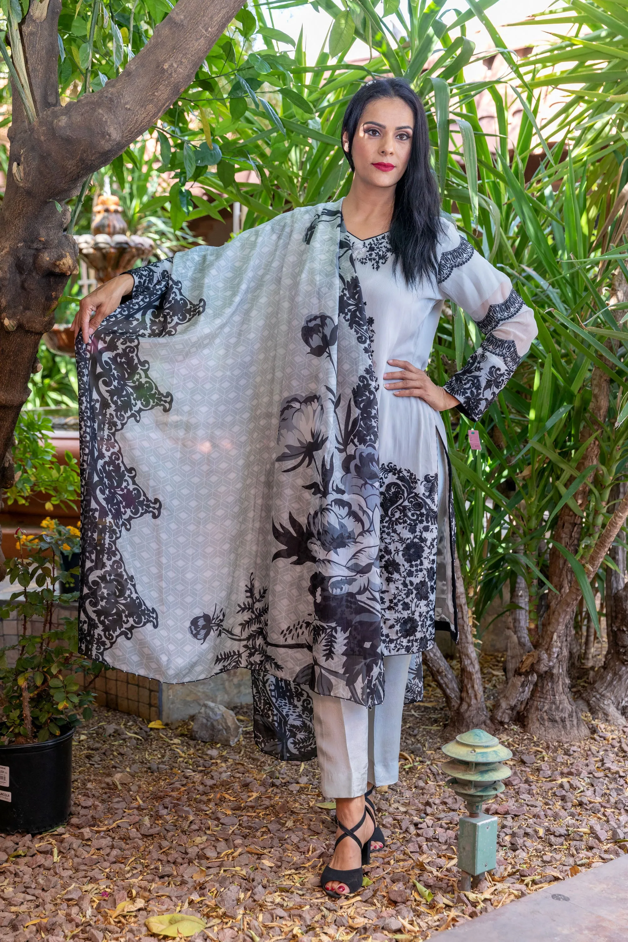 Designer Suit Chiffon Shirt with Black Embroidery Silk Pants & Scarf