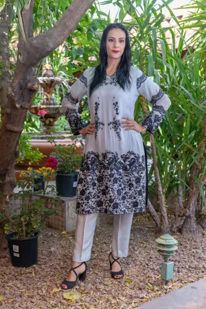 Designer Suit Chiffon Shirt with Black Embroidery Silk Pants & Scarf
