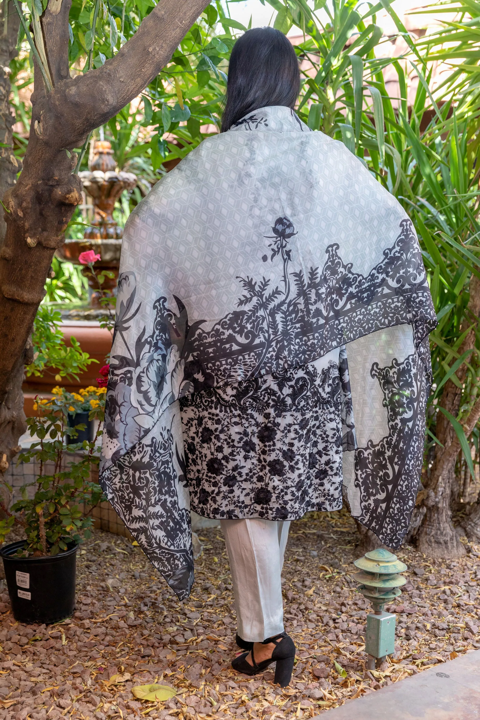 Designer Suit Chiffon Shirt with Black Embroidery Silk Pants & Scarf