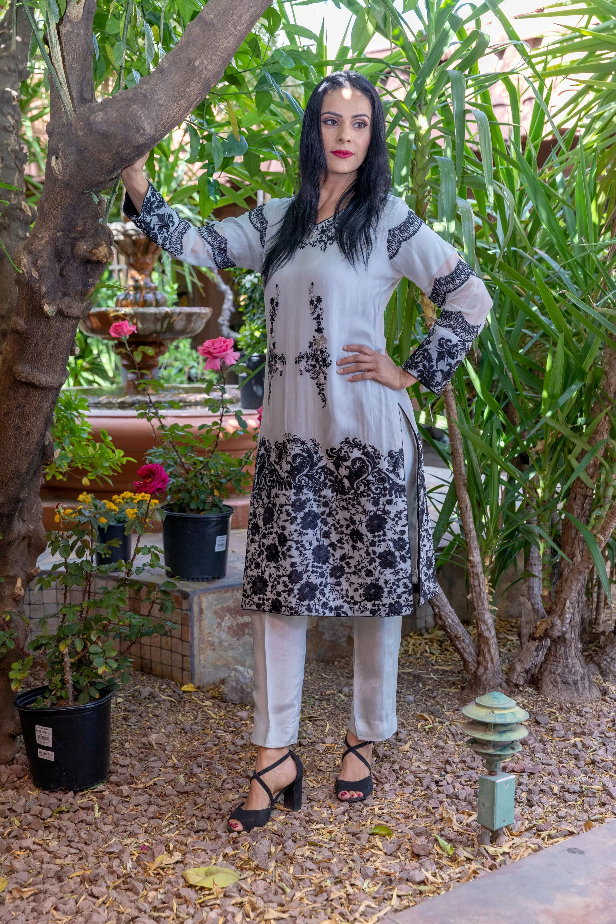 Designer Suit Chiffon Shirt with Black Embroidery Silk Pants & Scarf