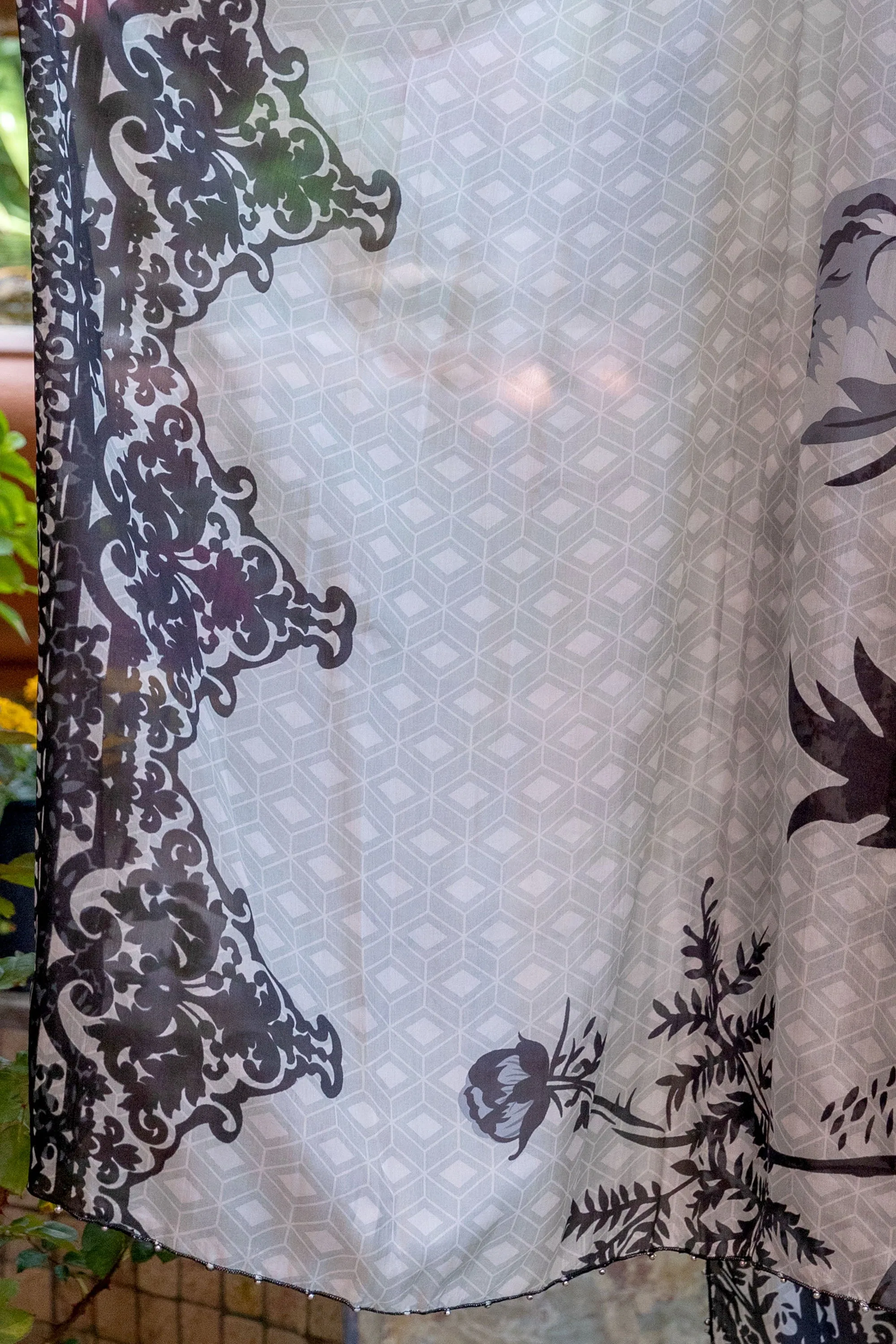 Designer Suit Chiffon Shirt with Black Embroidery Silk Pants & Scarf