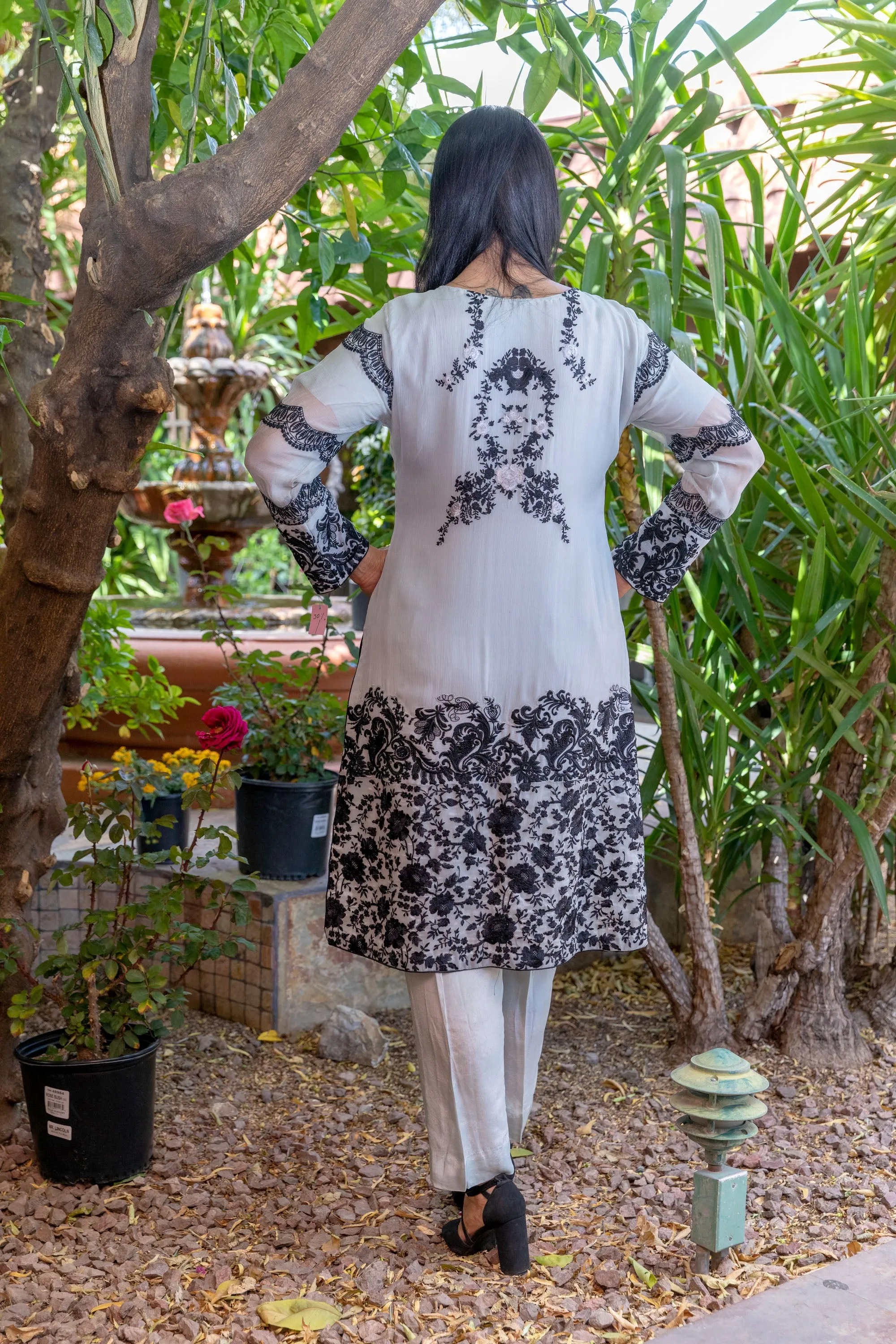 Designer Suit Chiffon Shirt with Black Embroidery Silk Pants & Scarf