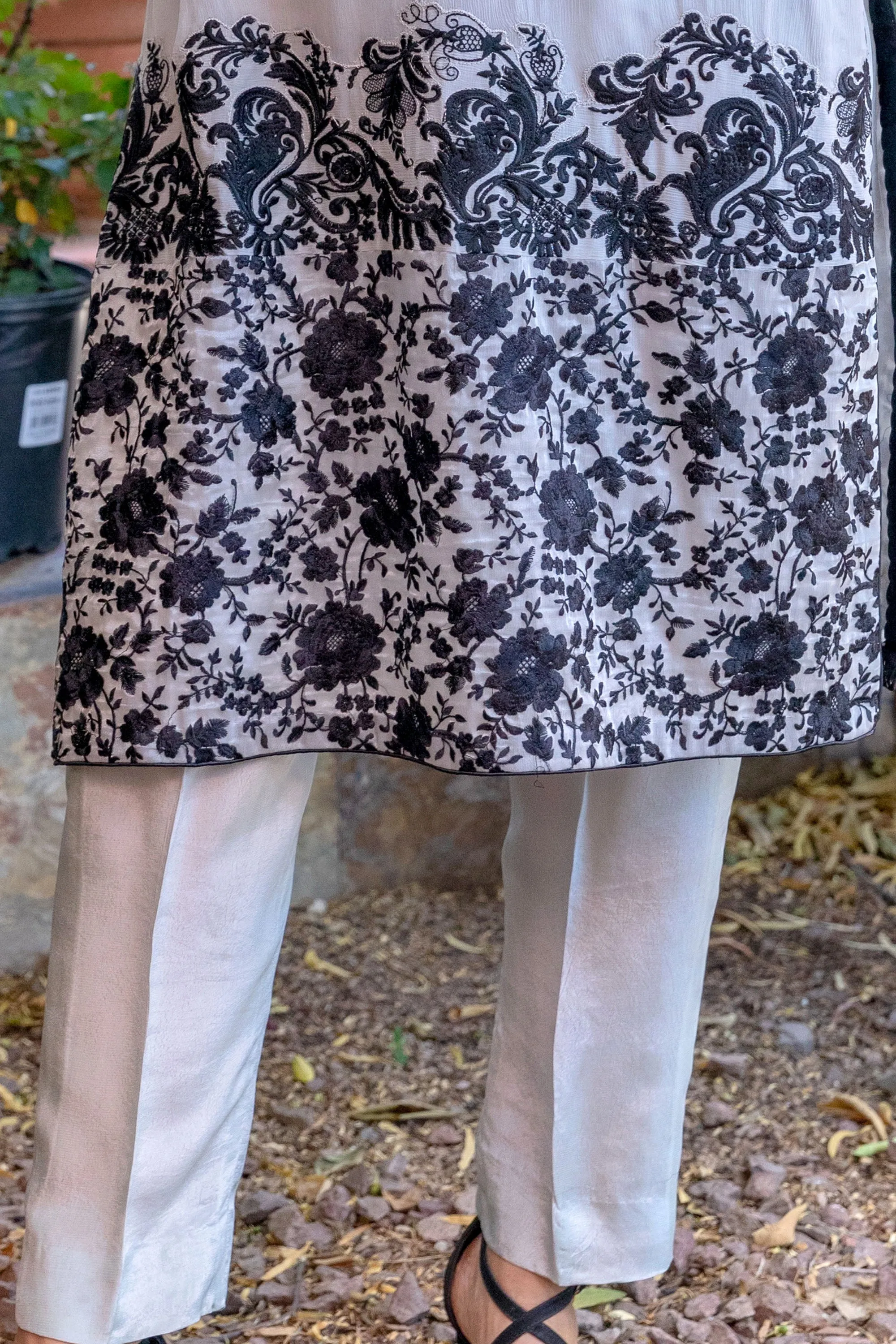 Designer Suit Chiffon Shirt with Black Embroidery Silk Pants & Scarf