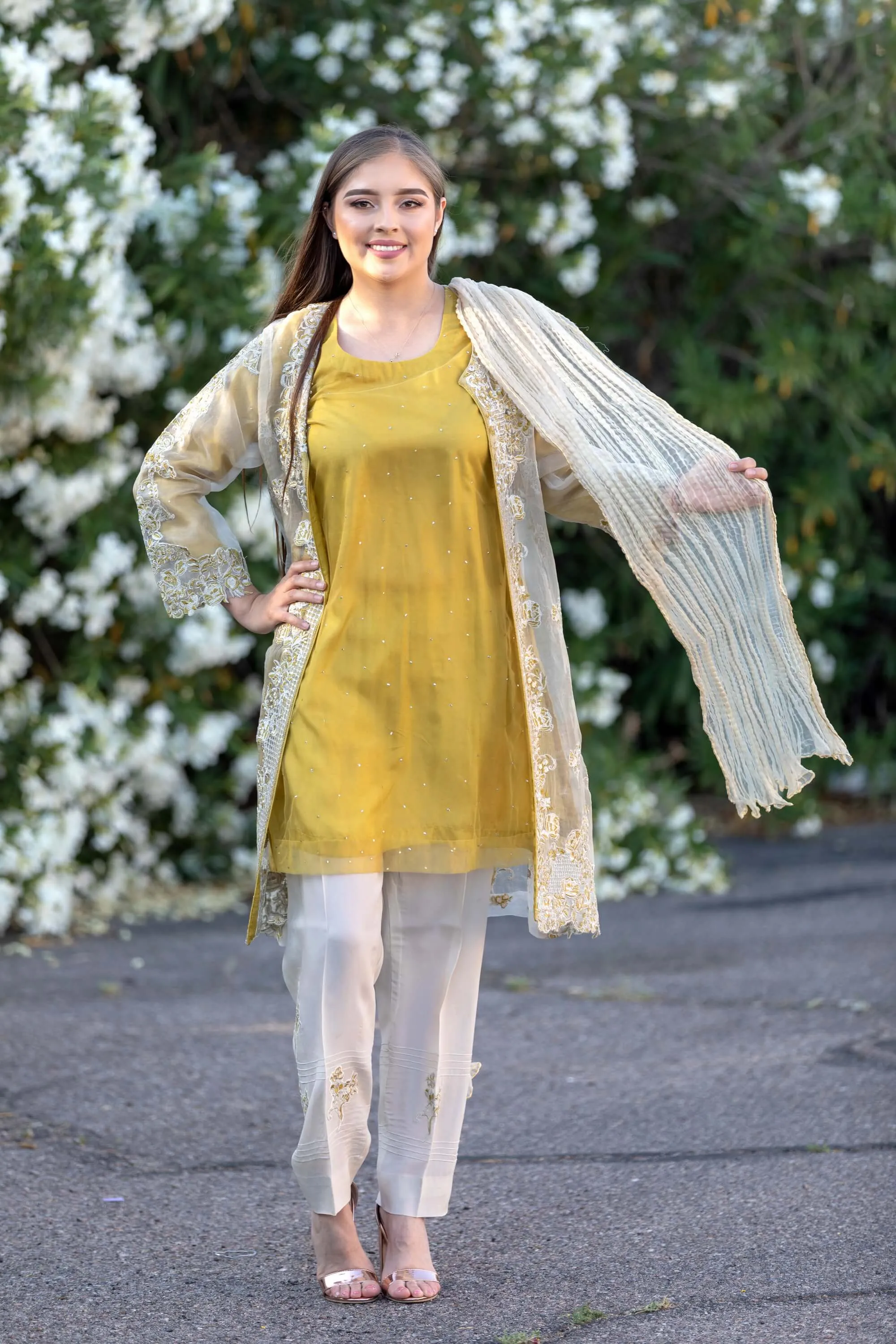 Designer Suit Mustard Yellow Silk Embroidery Organza Shirt