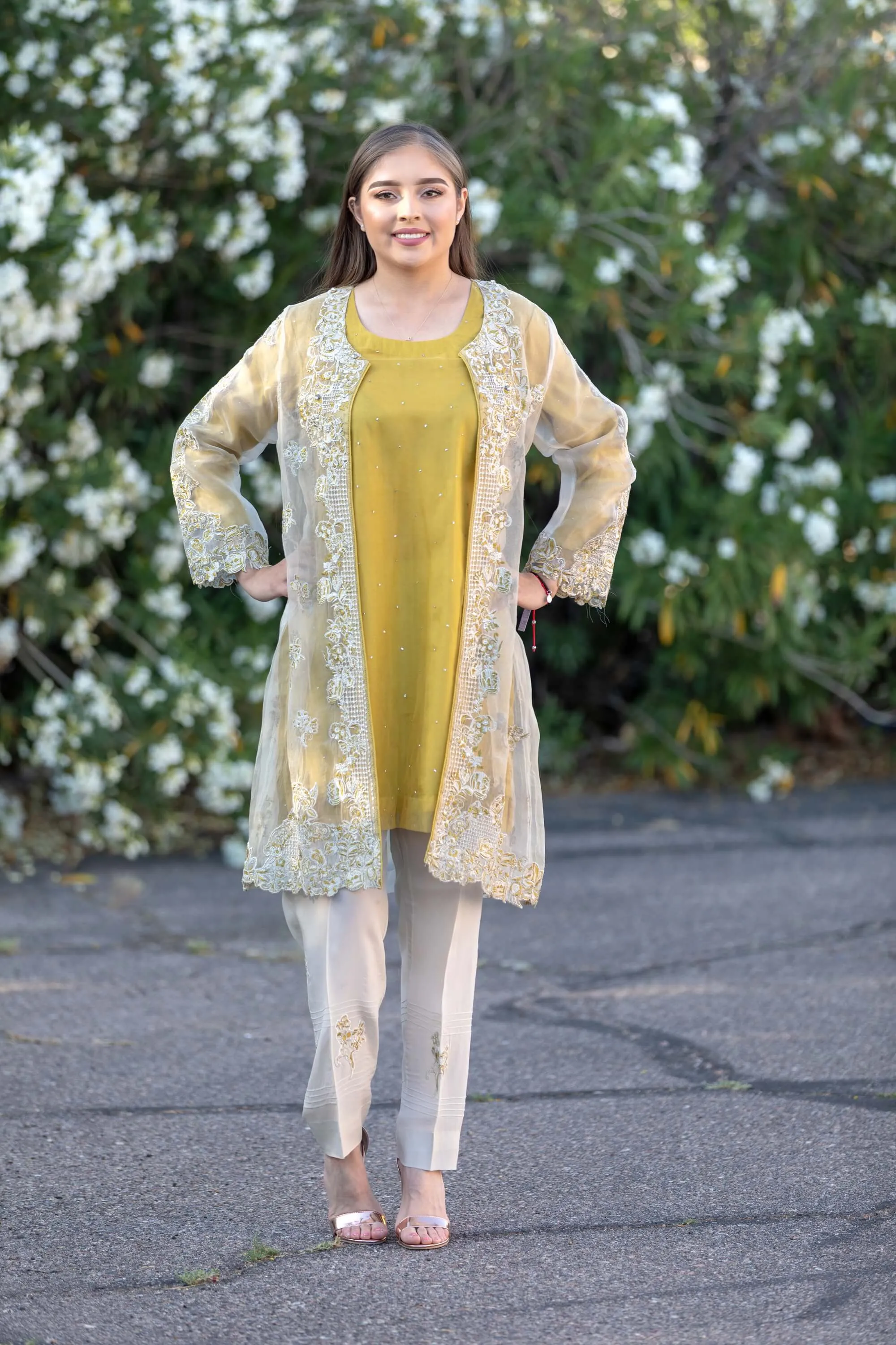 Designer Suit Mustard Yellow Silk Embroidery Organza Shirt