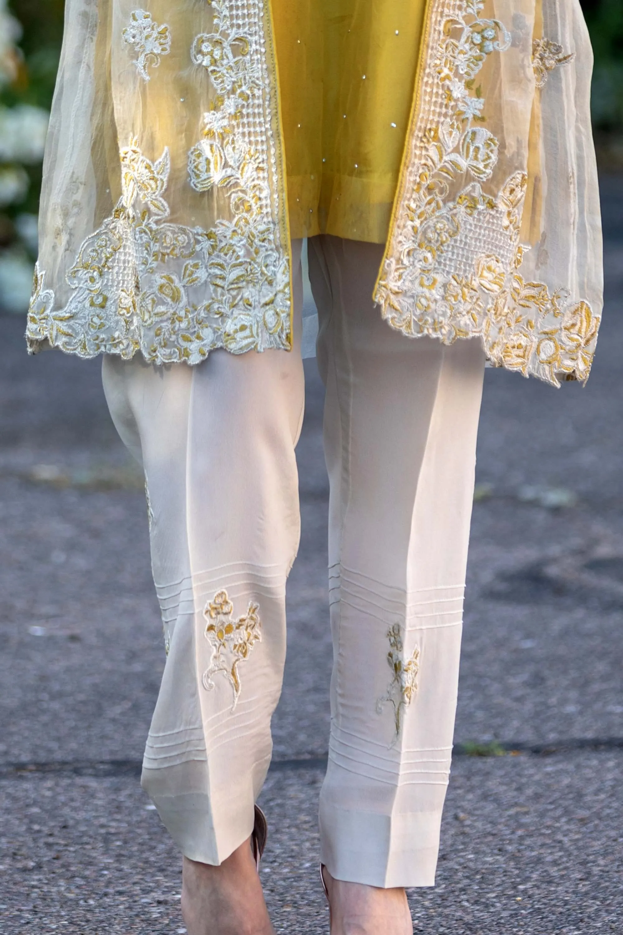 Designer Suit Mustard Yellow Silk Embroidery Organza Shirt