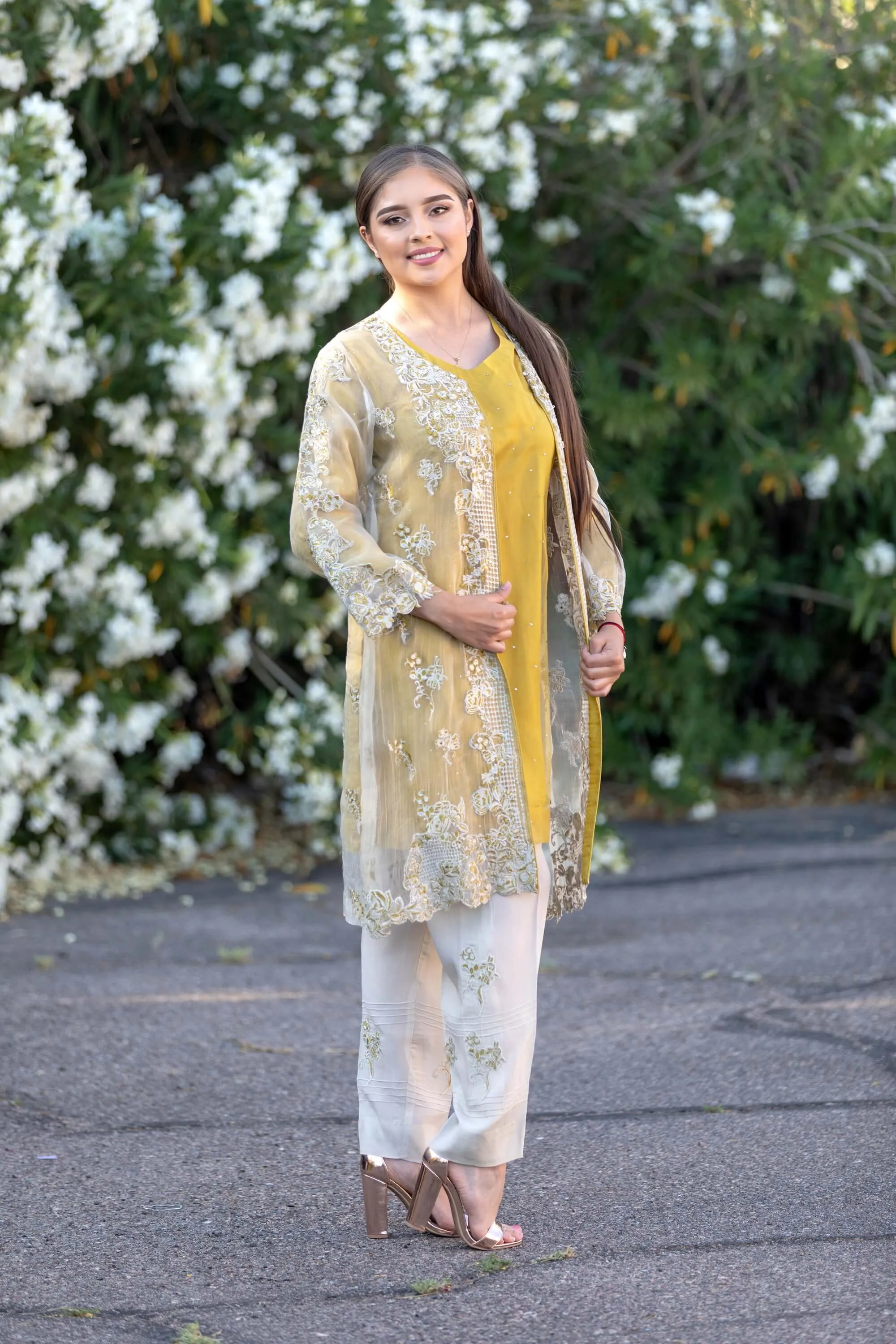 Designer Suit Mustard Yellow Silk Embroidery Organza Shirt