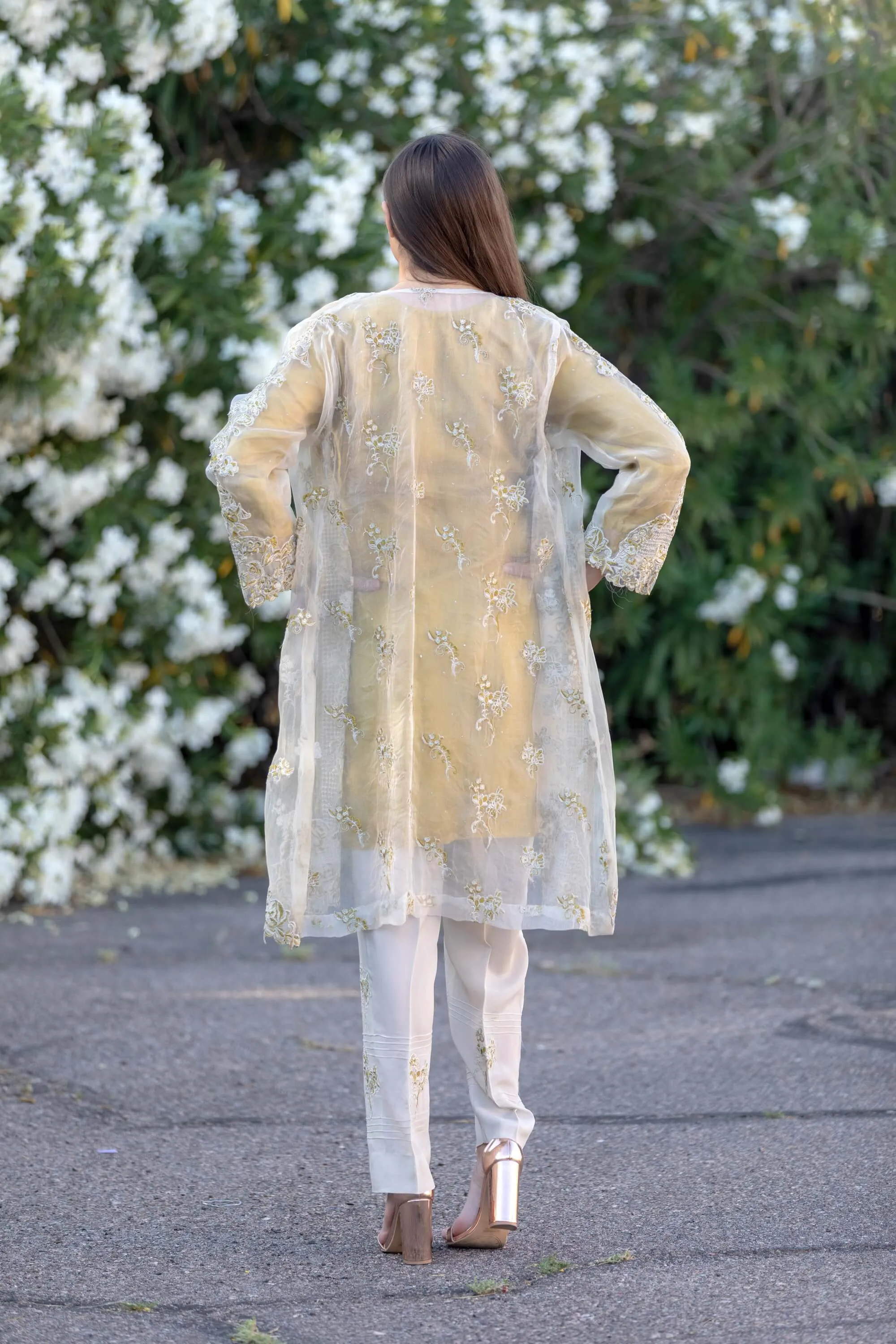 Designer Suit Mustard Yellow Silk Embroidery Organza Shirt