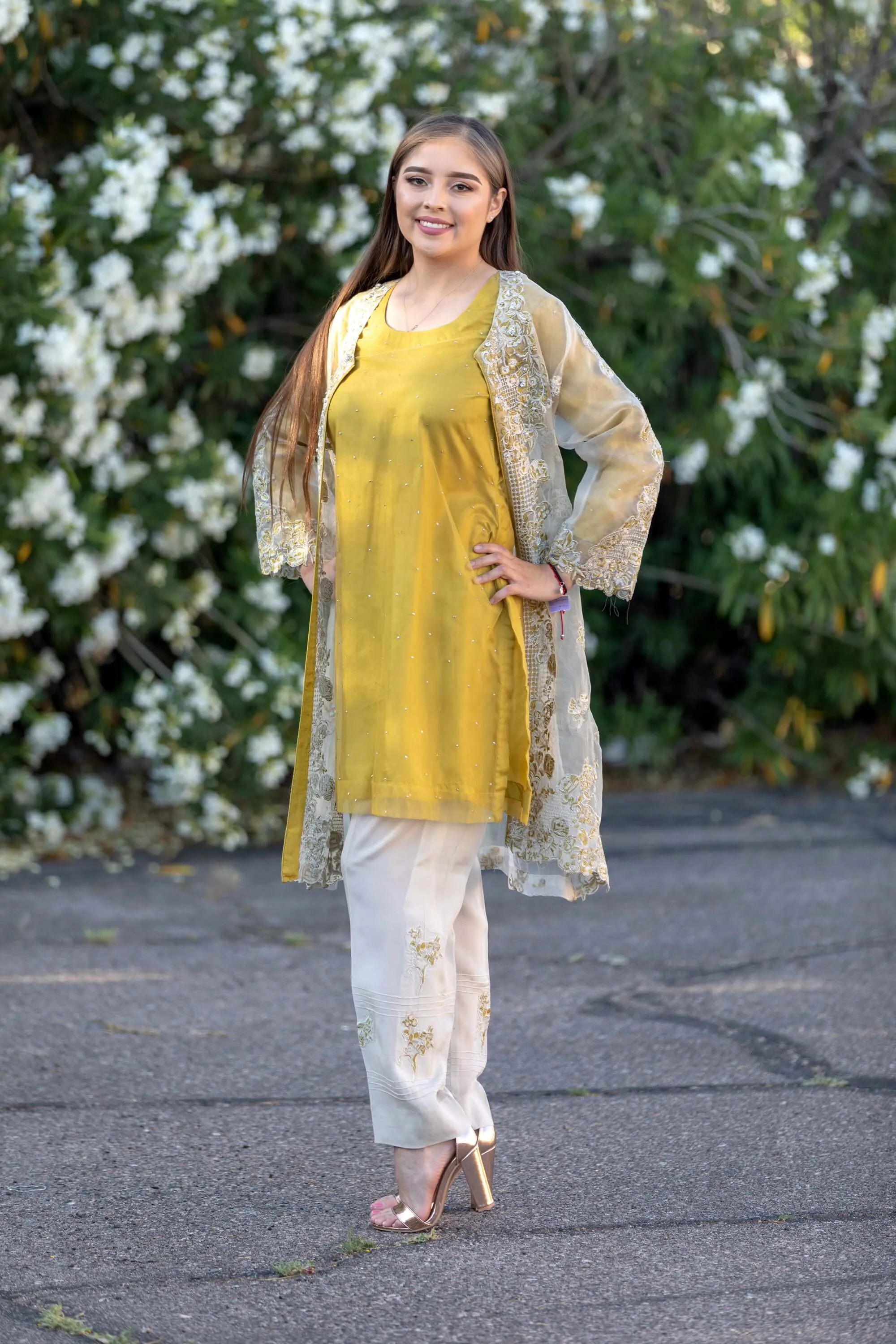 Designer Suit Mustard Yellow Silk Embroidery Organza Shirt
