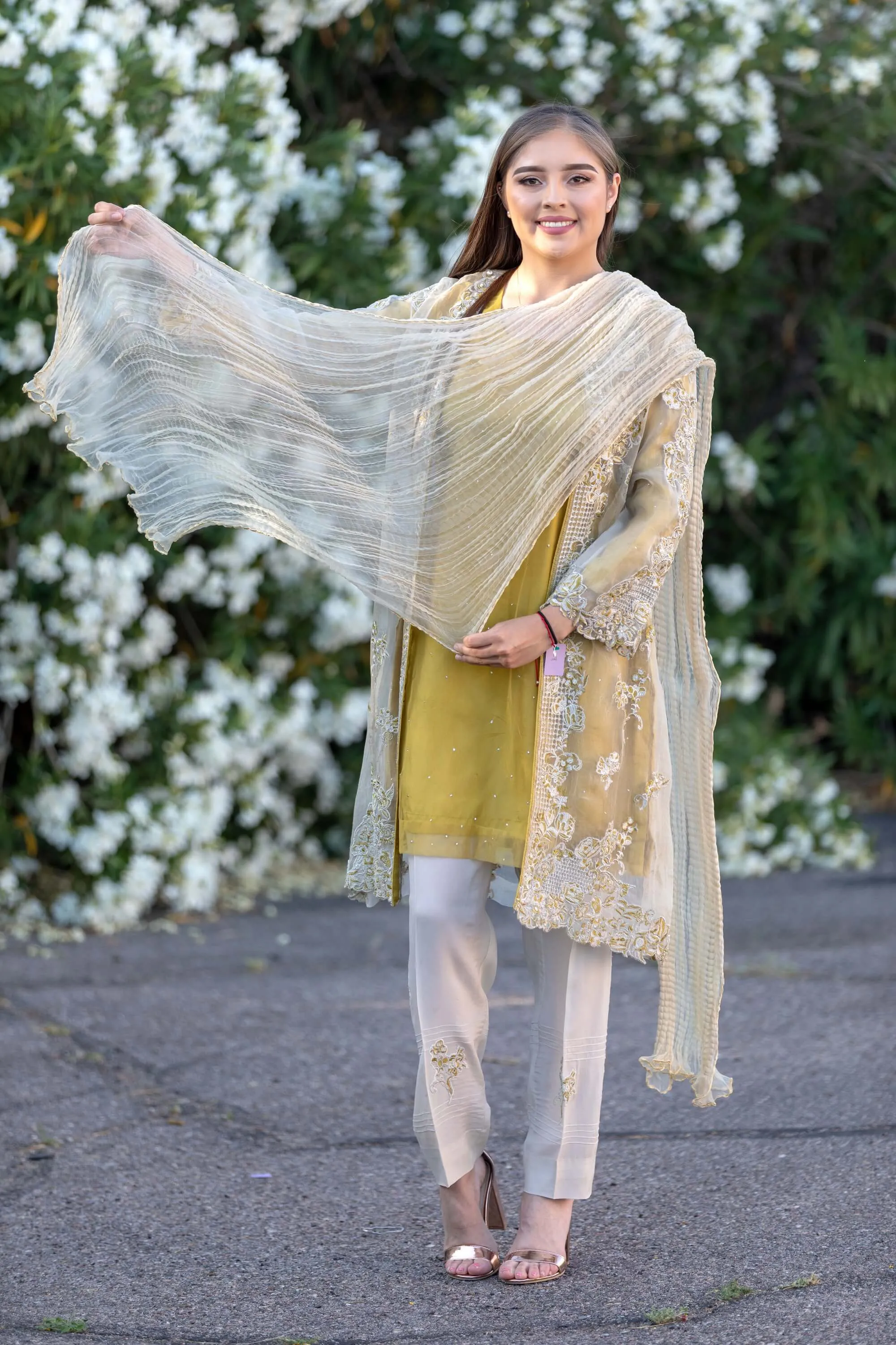 Designer Suit Mustard Yellow Silk Embroidery Organza Shirt