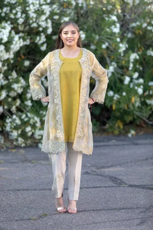 Designer Suit Mustard Yellow Silk Embroidery Organza Shirt