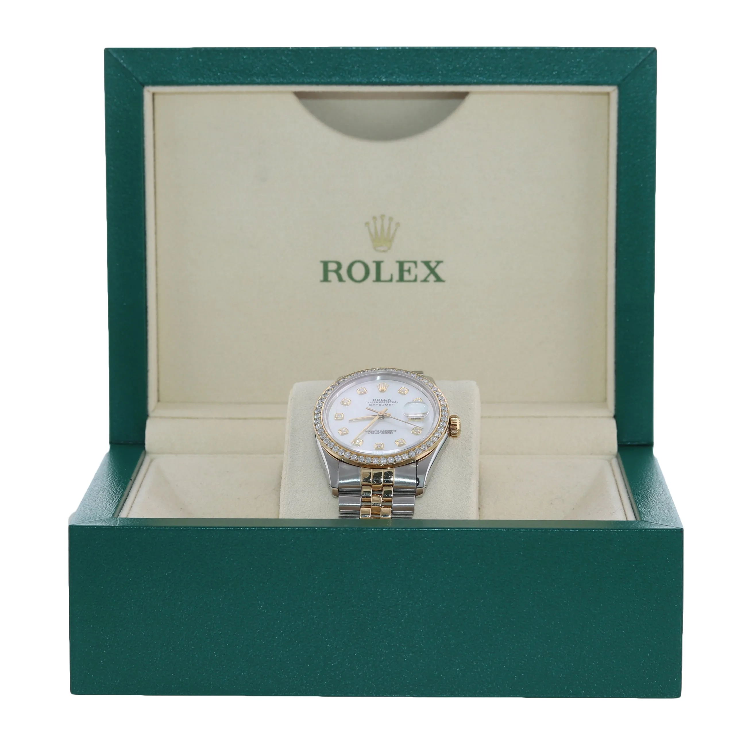 DIAMOND Bezel Rolex DateJust 36mm 16013 Diamond Bezel MOP Dial Watch Box