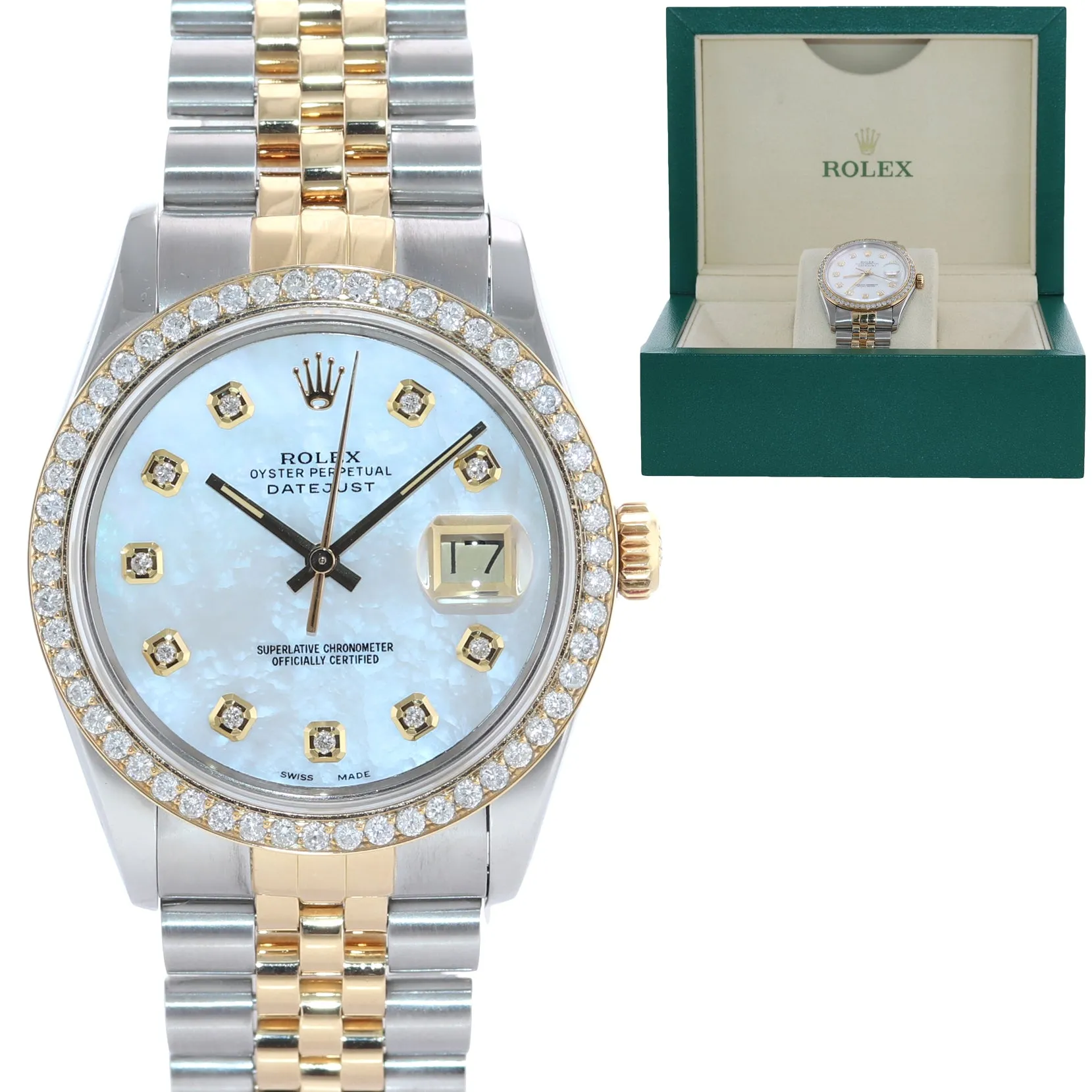 DIAMOND Bezel Rolex DateJust 36mm 16013 Diamond Bezel MOP Dial Watch Box