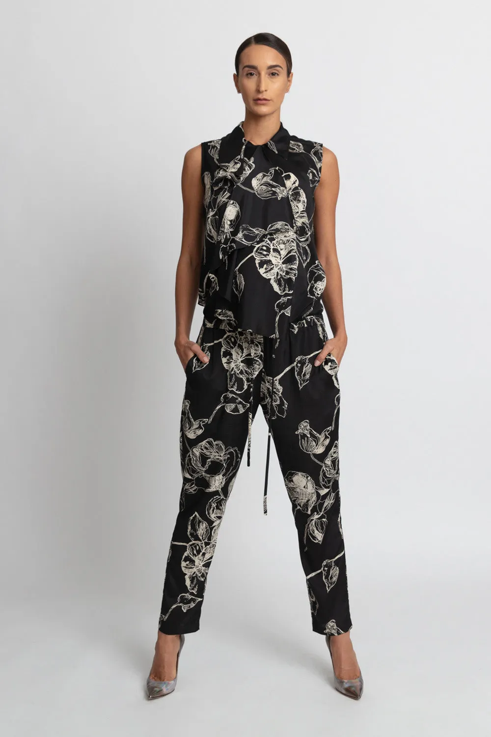 Drawstring Jogger Pants - Black Floral