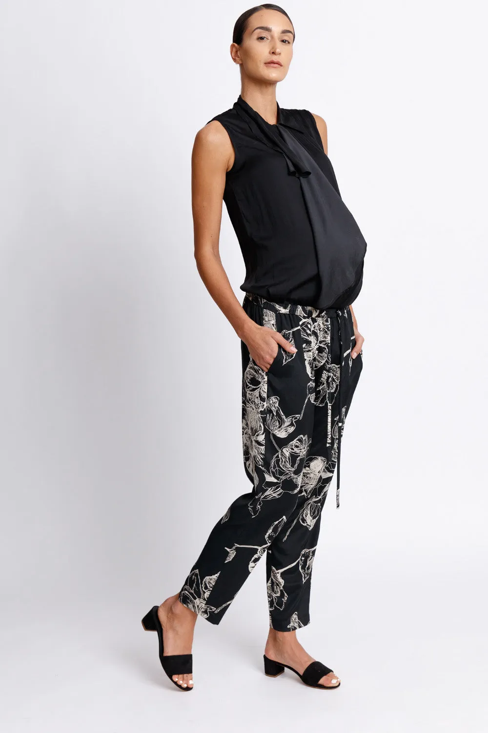 Drawstring Jogger Pants - Black Floral