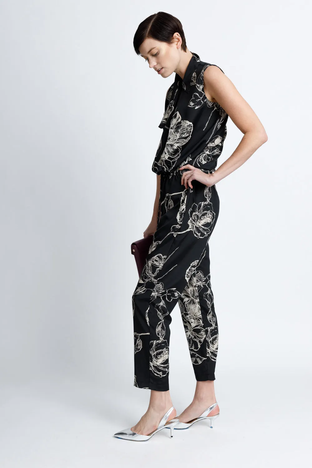 Drawstring Jogger Pants - Black Floral
