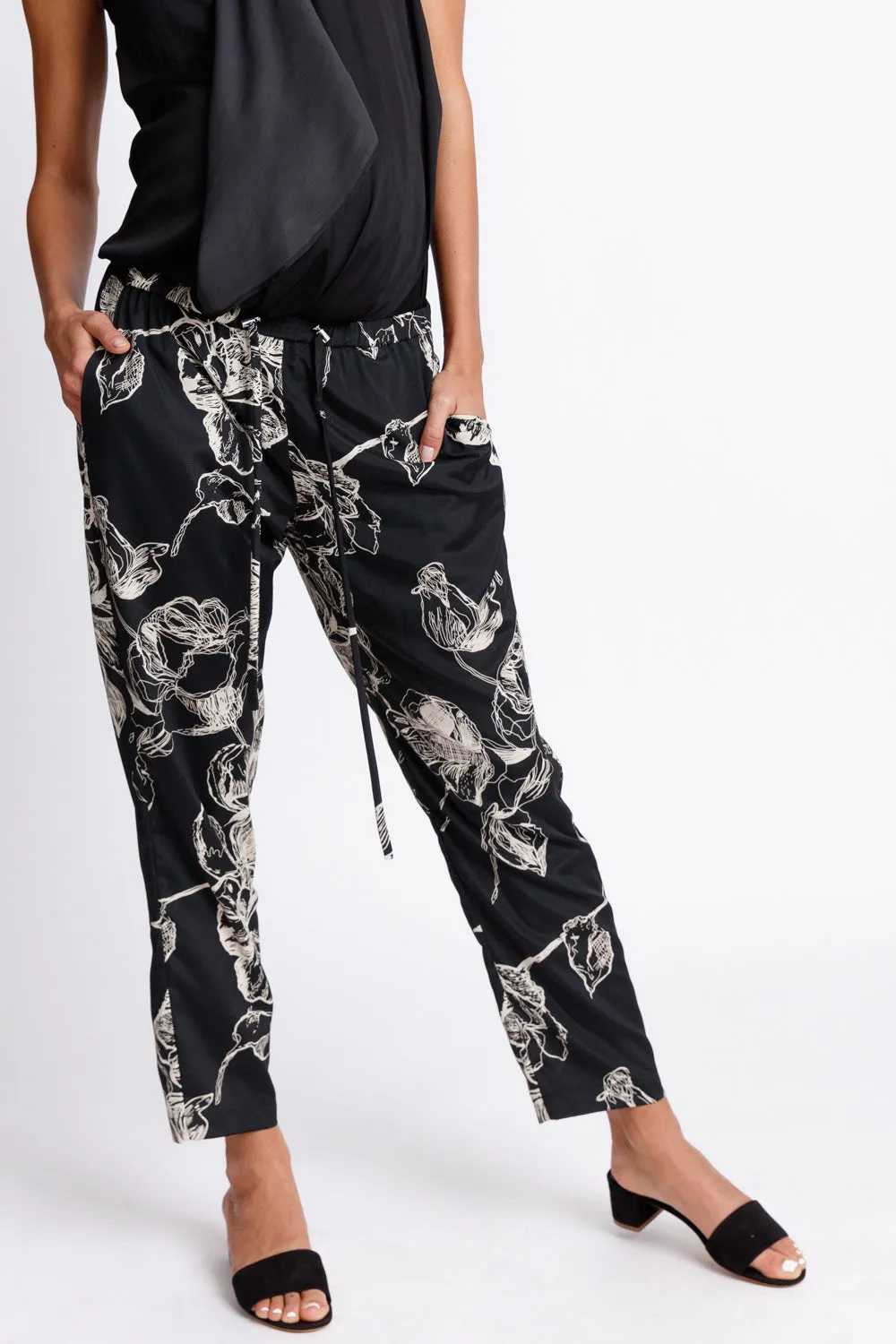 Drawstring Jogger Pants - Black Floral