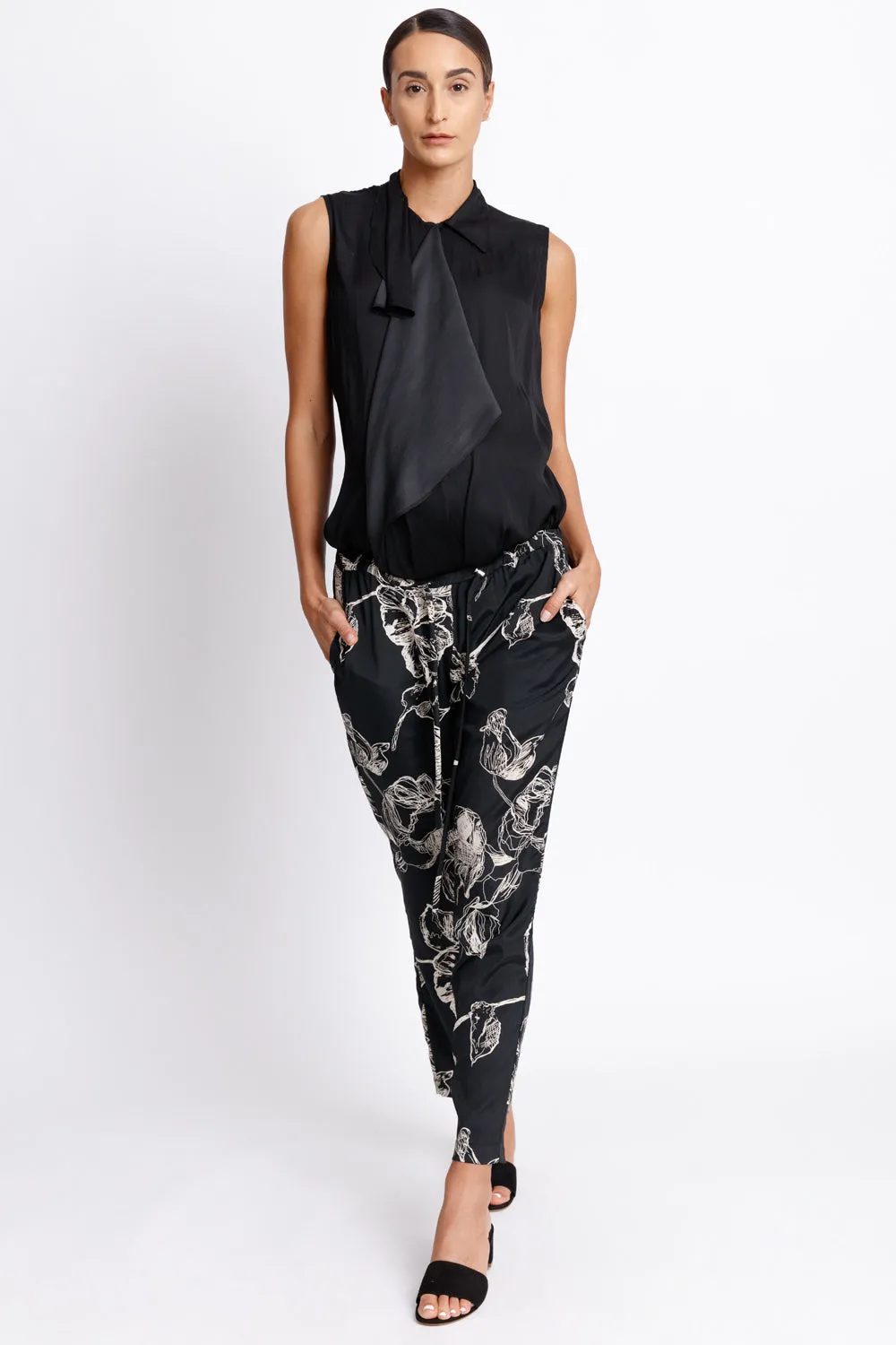 Drawstring Jogger Pants - Black Floral