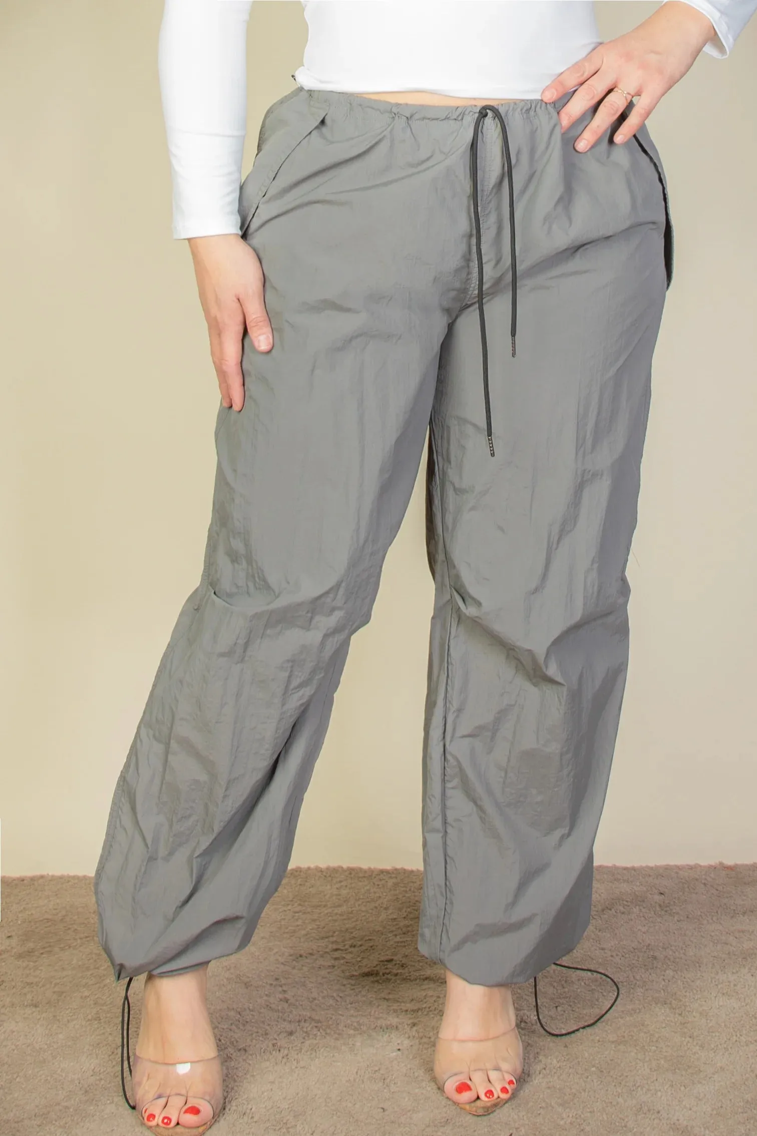 Drawstring Waist Parachute Plus Pants