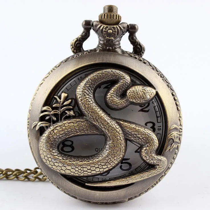 Dropshipping Bronze snake Hollow Quartz Pocket Watch Necklace Pendant Womens Men Gifts P278